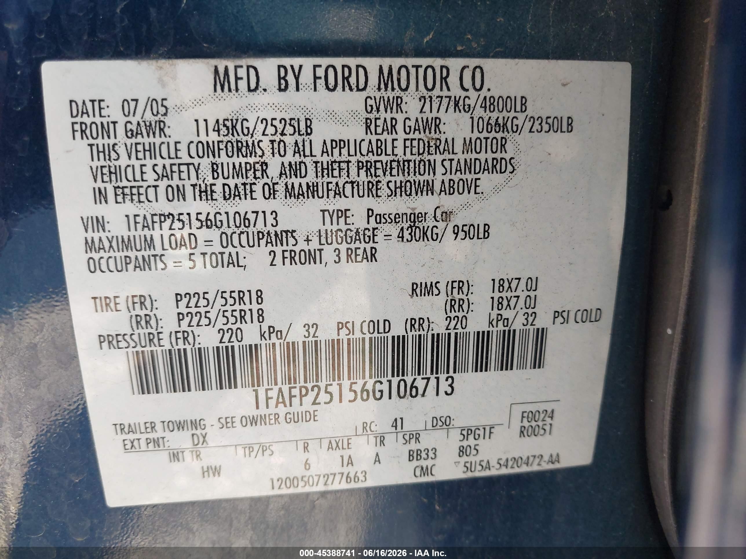 2006 Ford Five Hundred Limited Blue vin: 1FAFP25156G106713