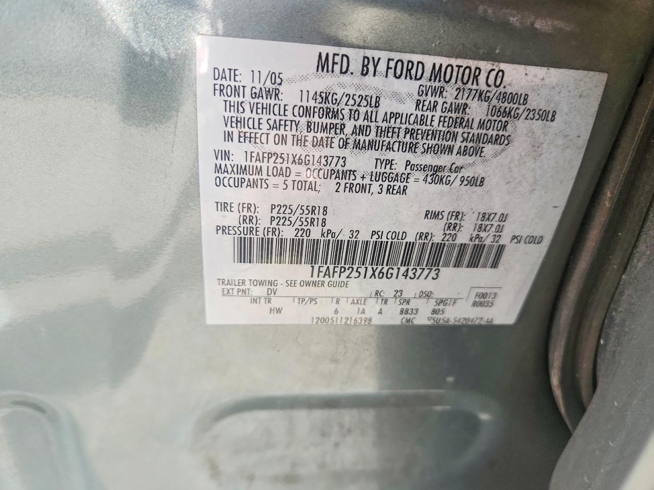 2006 Ford Five Hundred Green vin: 1FAFP251X6G143773