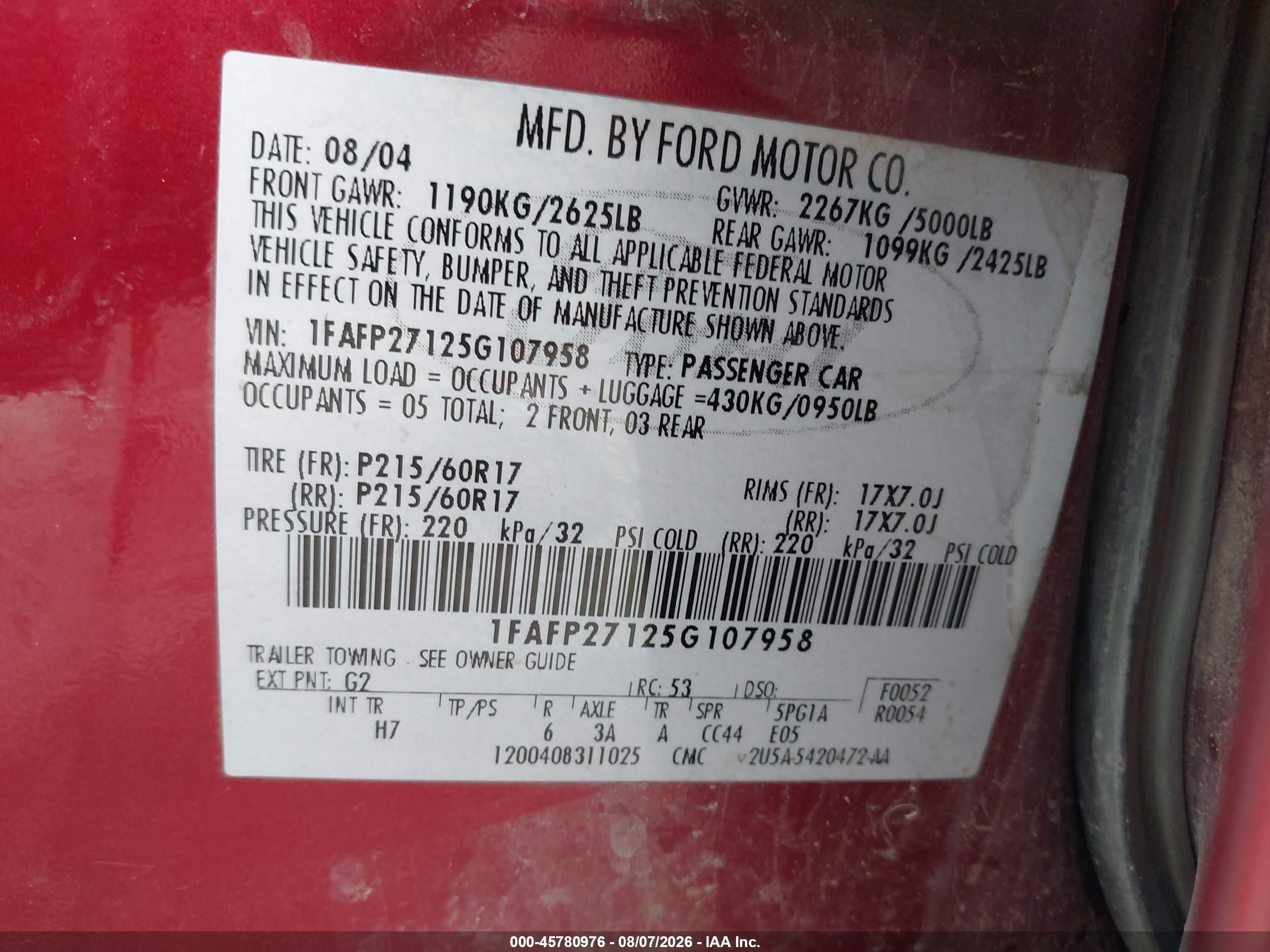 2005 Ford Five Hundred Sel Красный vin: 1FAFP27125G107958