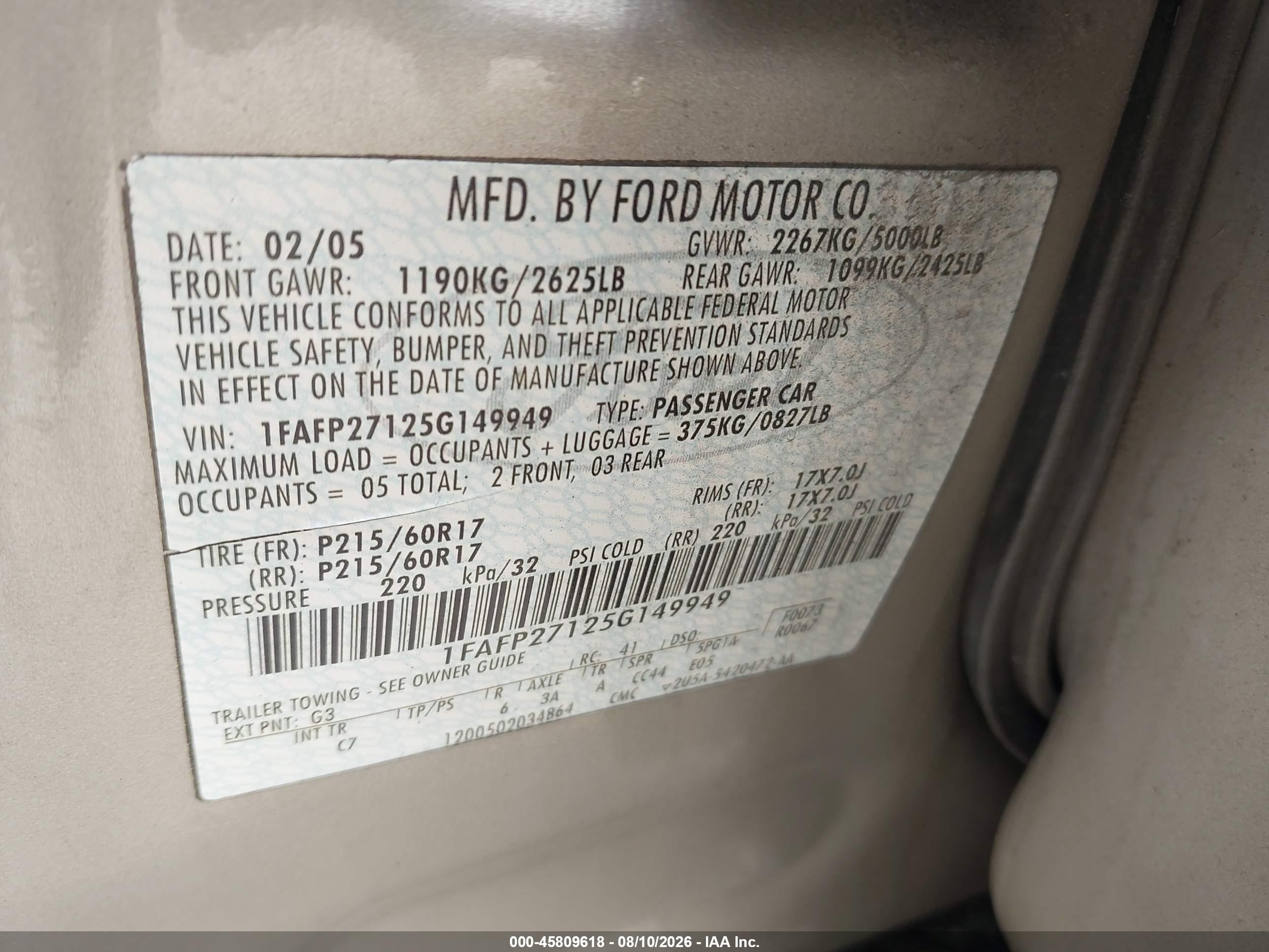 2005 Ford Five Hundred Sel Beige vin: 1FAFP27125G149949