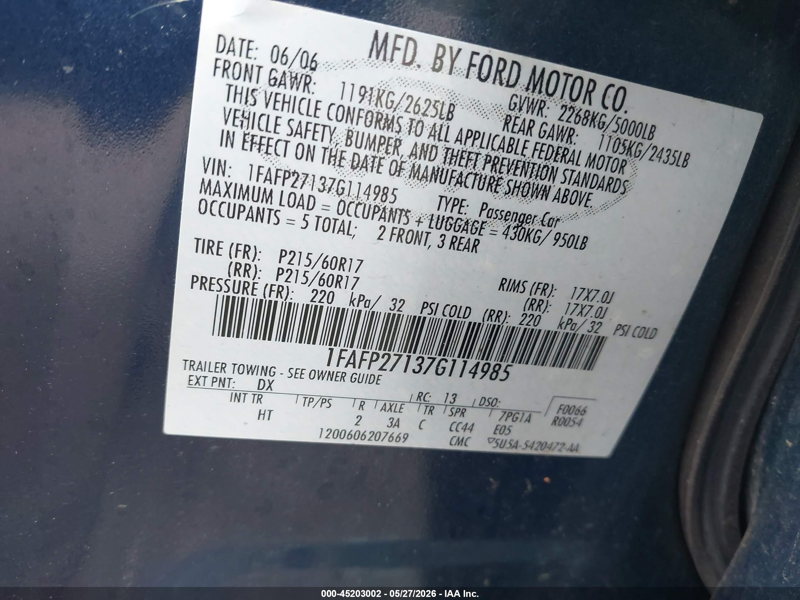 2007 Ford Five Hundred Sel Blue vin: 1FAFP27137G114985