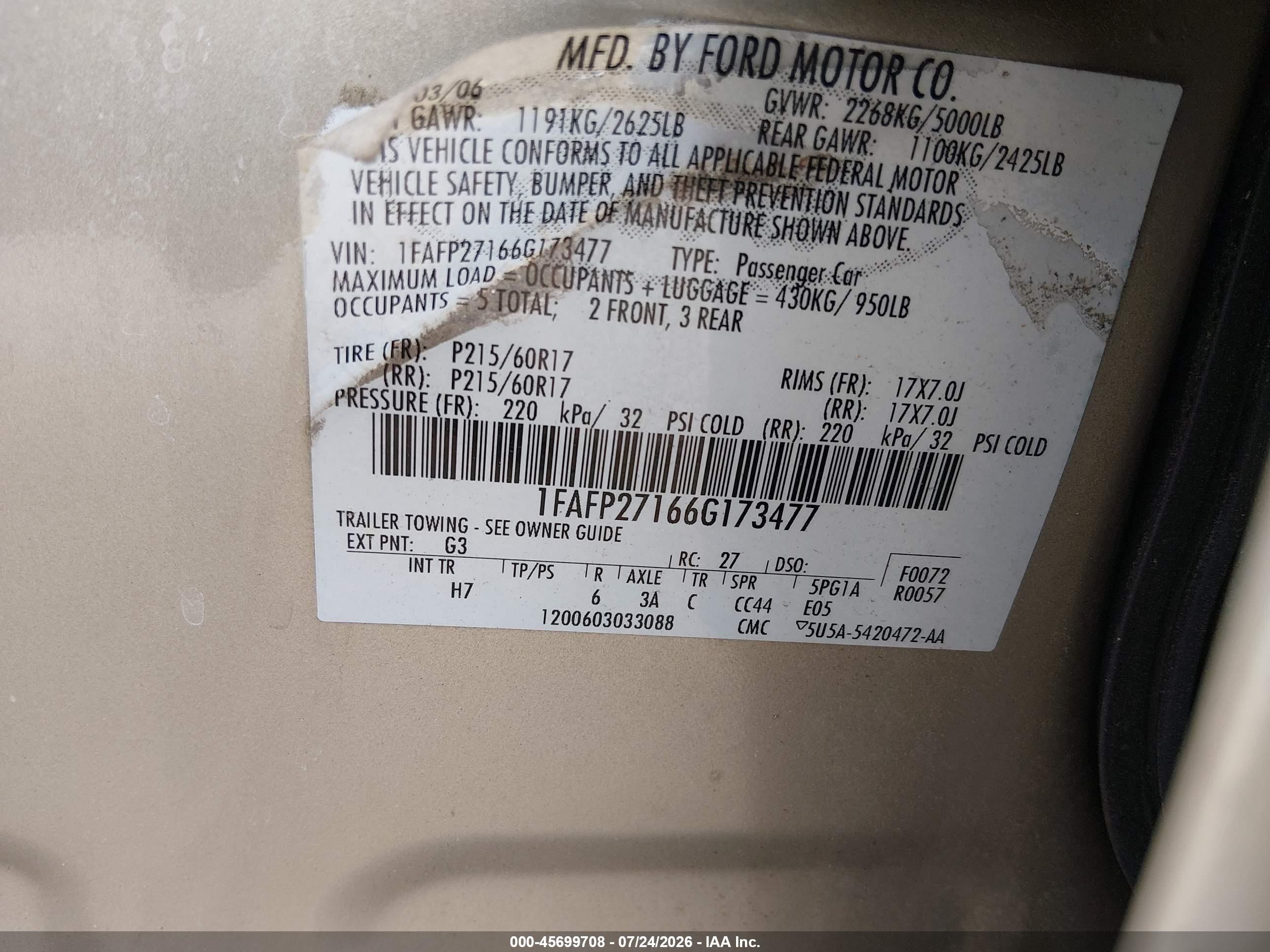2006 Ford Five Hundred Sel Champagne vin: 1FAFP27166G173477