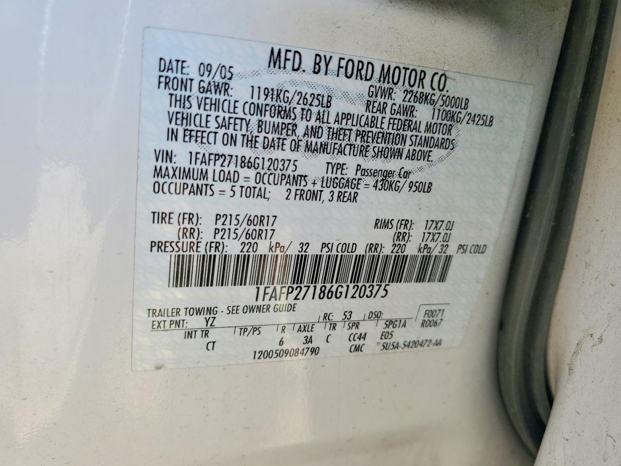 2006 Ford Five Hundred Sel White vin: 1FAFP27186G120375