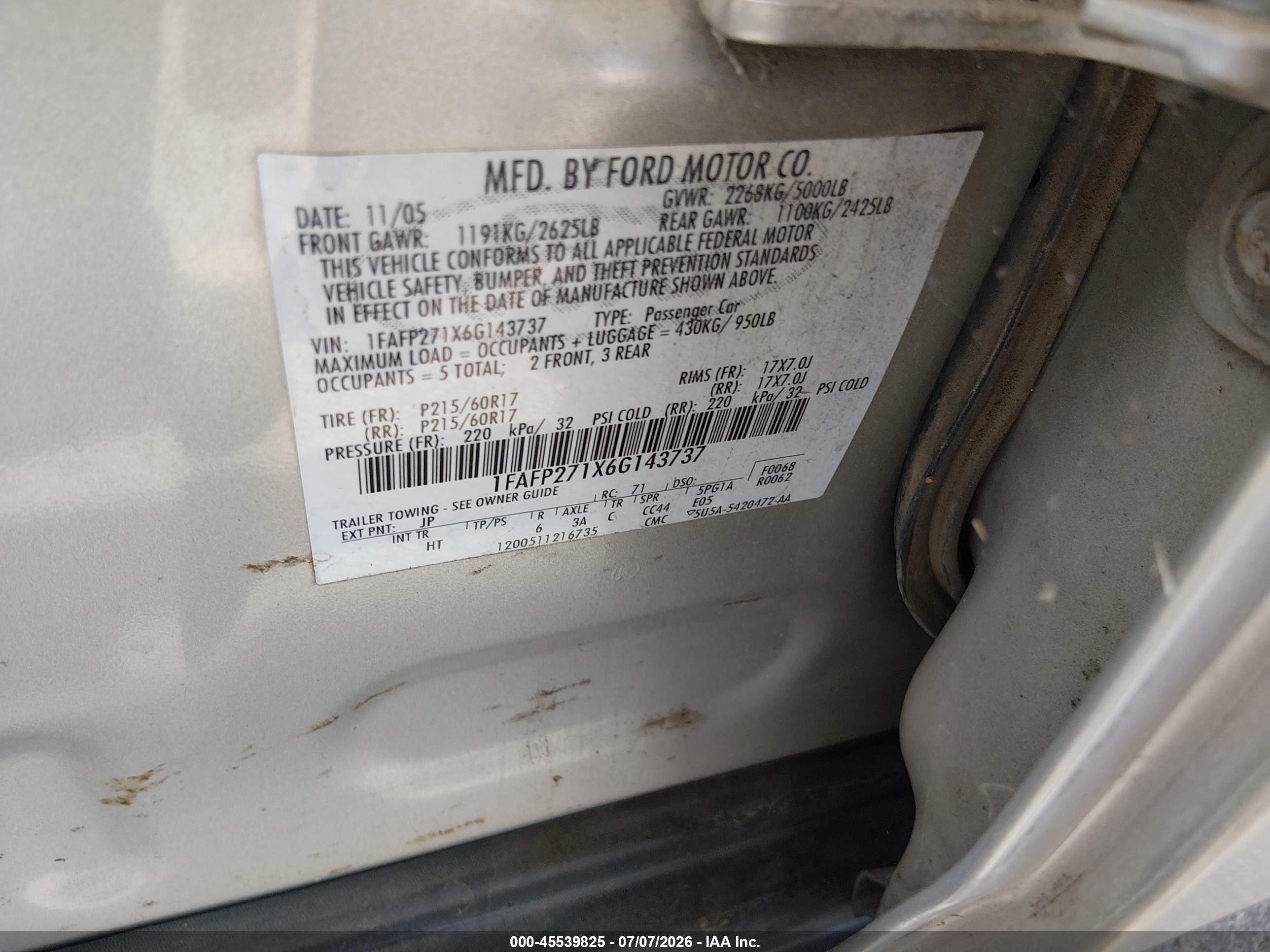 2006 Ford Five Hundred Sel Beige vin: 1FAFP271X6G143737