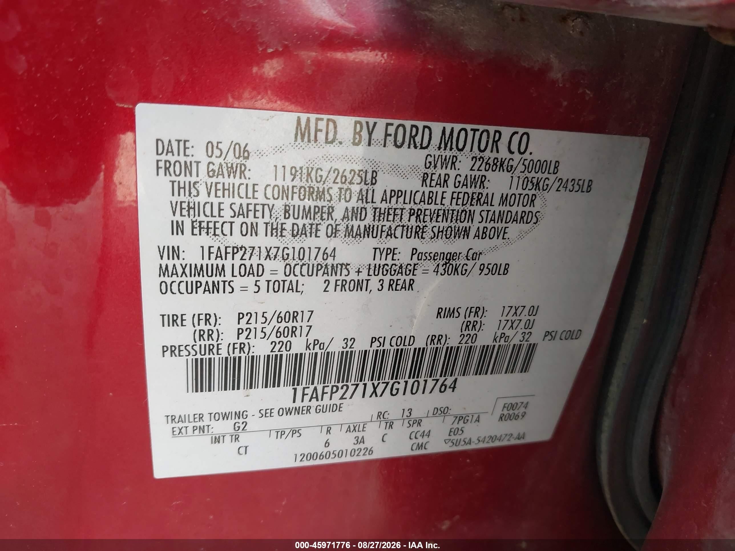 2007 Ford Five Hundred Sel Red vin: 1FAFP271X7G101764