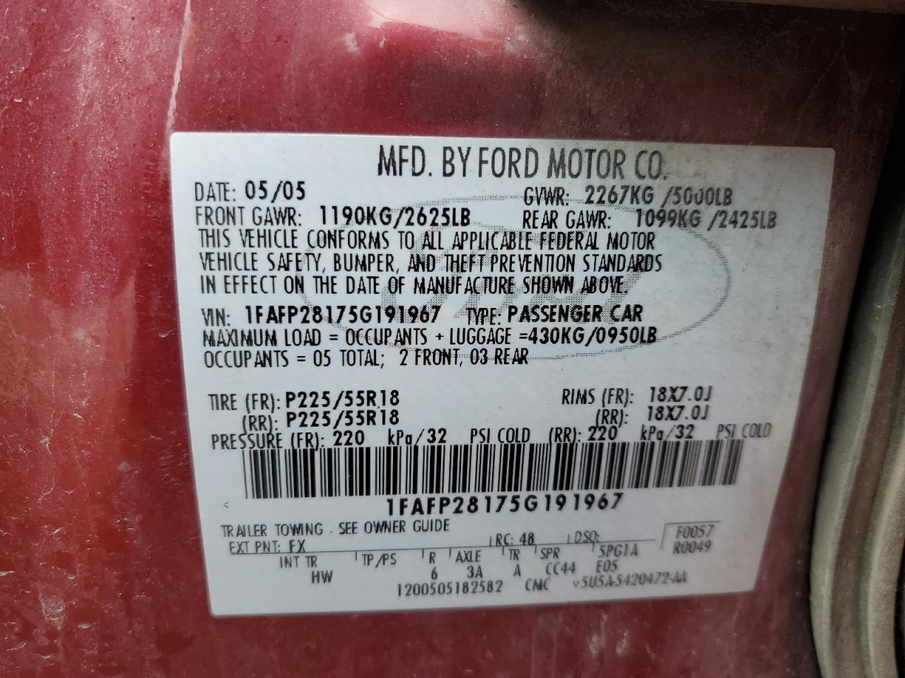 2005 Ford Five Hundred Limited Maroon vin: 1FAFP28175G191967