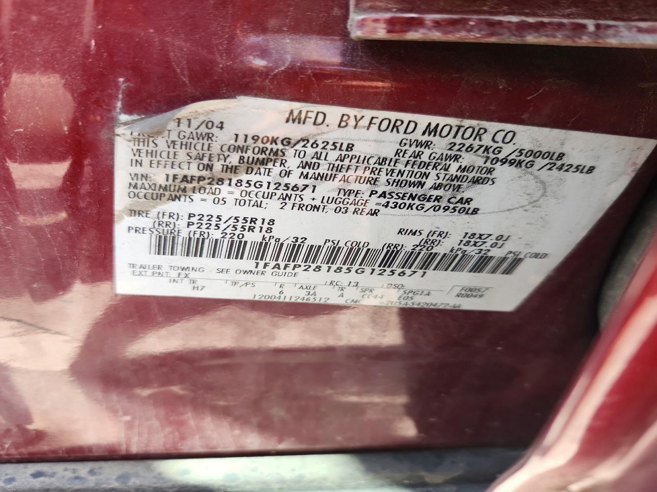 2005 Ford Five Hundred Limited Burgundy vin: 1FAFP28185G125671