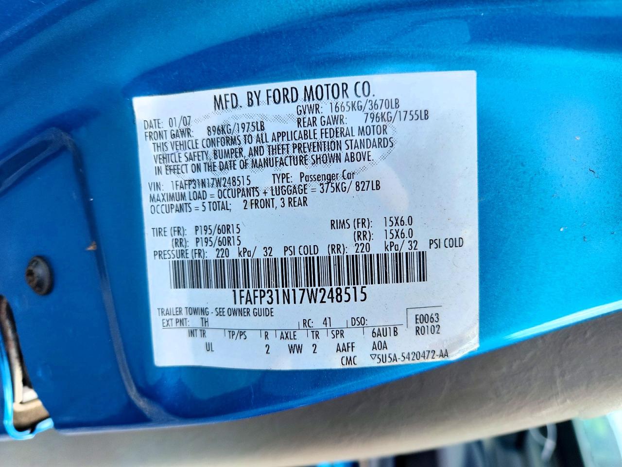 2007 Ford Focus Zx3 Blue vin: 1FAFP31N17W248515