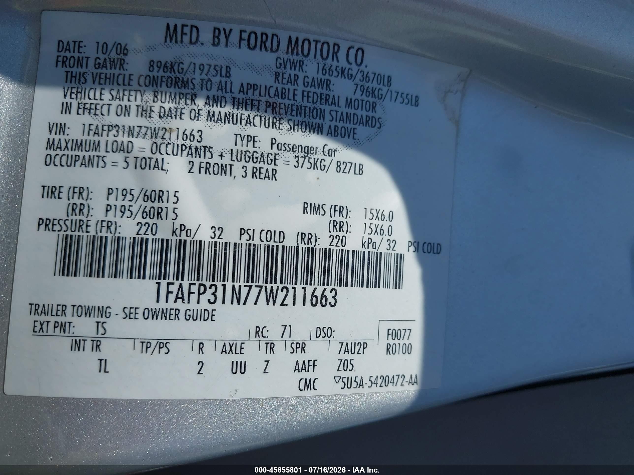 2007 Ford Focus S/se/ses Silver vin: 1FAFP31N77W211663