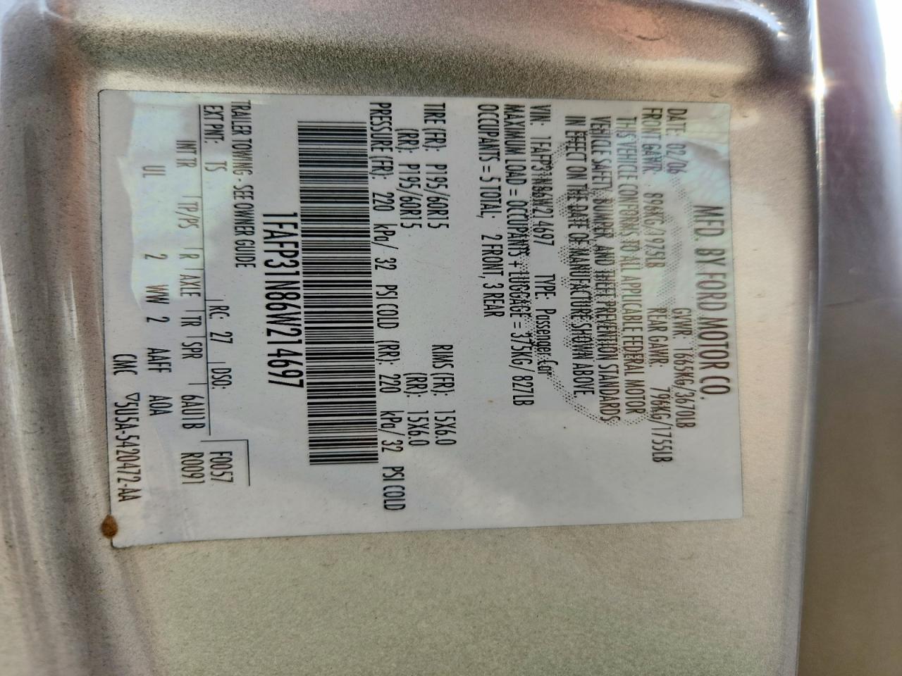2006 Ford Focus Zx3 Silver vin: 1FAFP31N86W214697