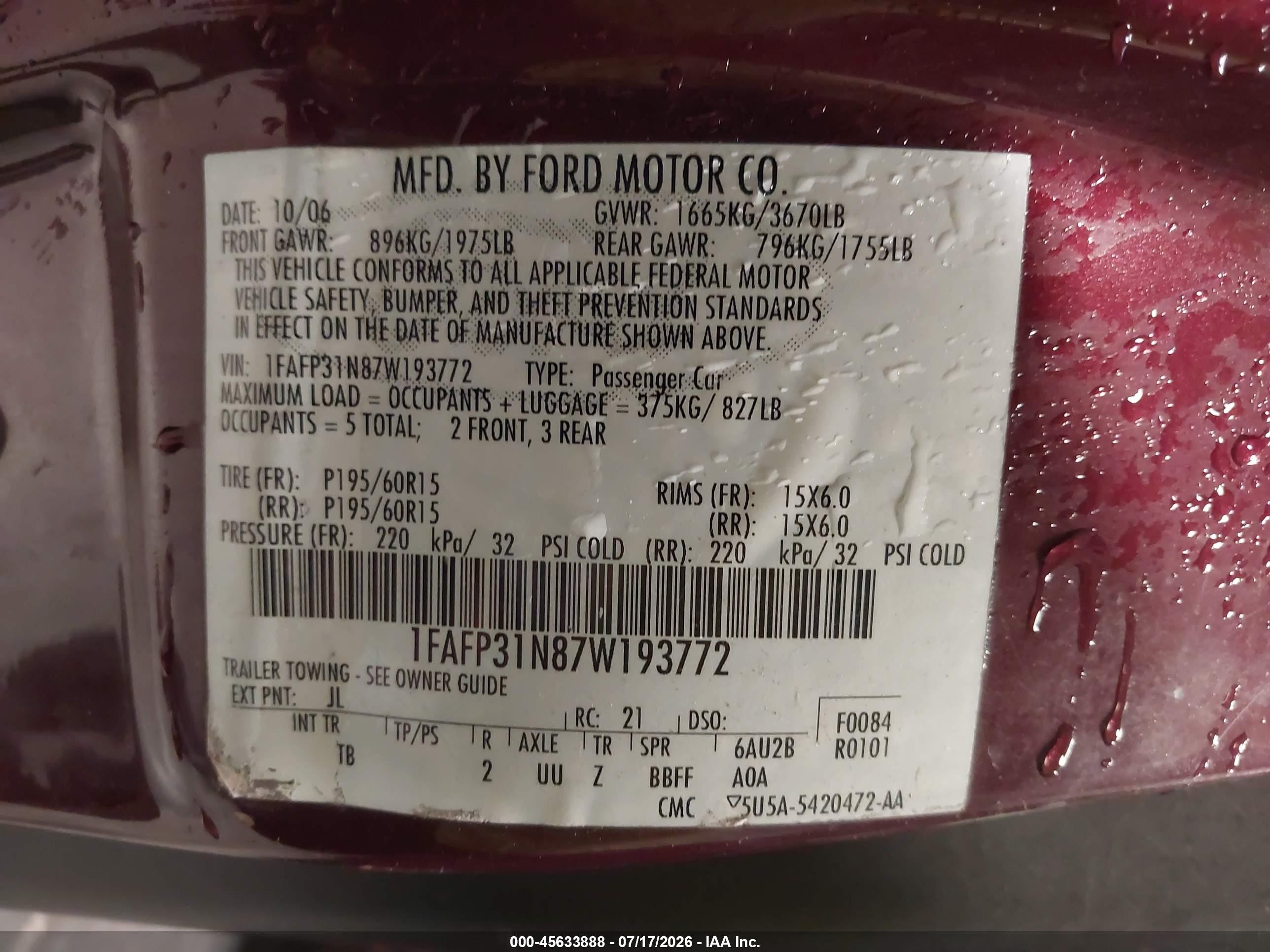2007 Ford Focus S/se/ses Burgundy vin: 1FAFP31N87W193772