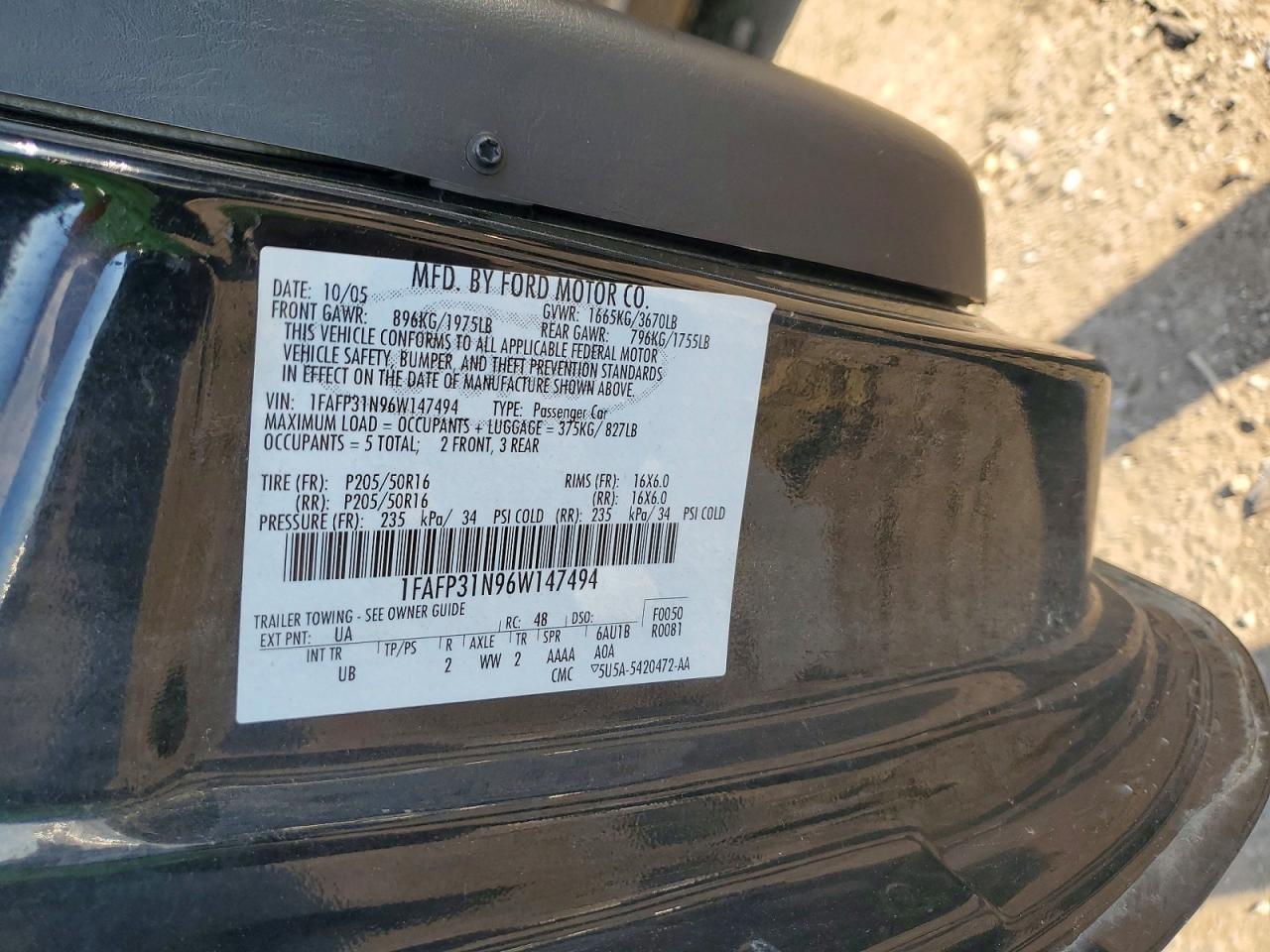 2006 Ford Focus Black vin: 1FAFP31N96W147494