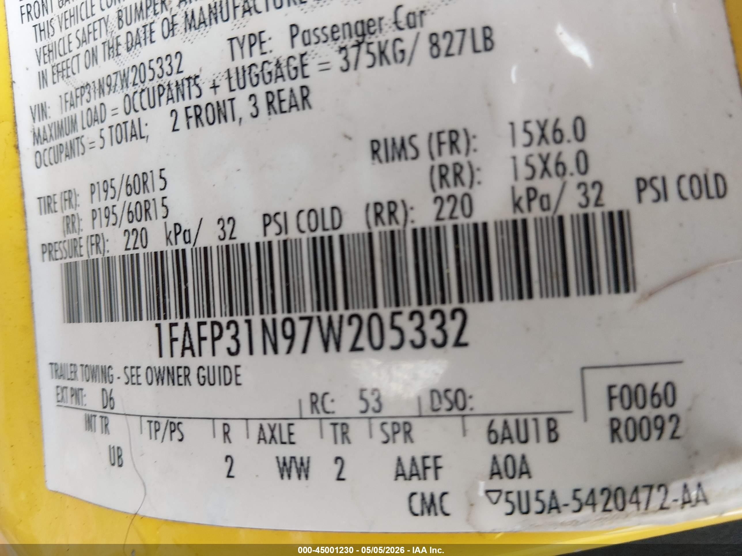 2007 Ford Focus S/se/ses Yellow vin: 1FAFP31N97W205332