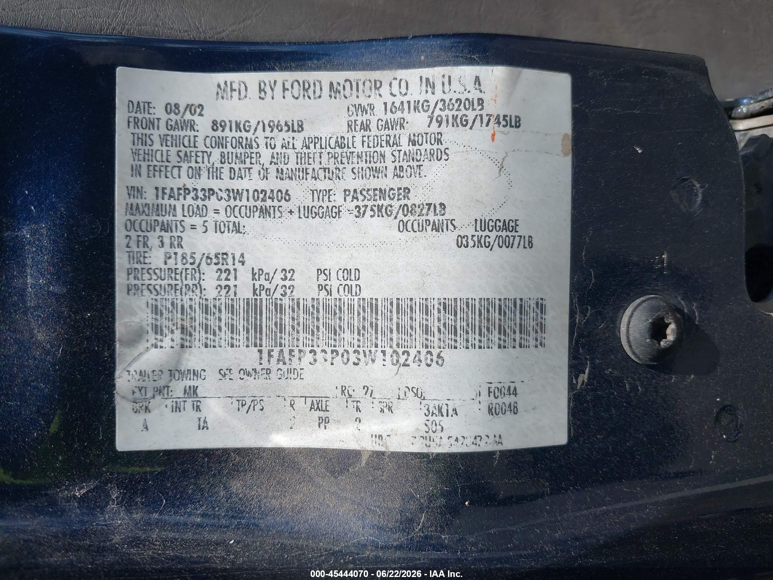 2003 Ford Focus Lx Blue vin: 1FAFP33P03W102406