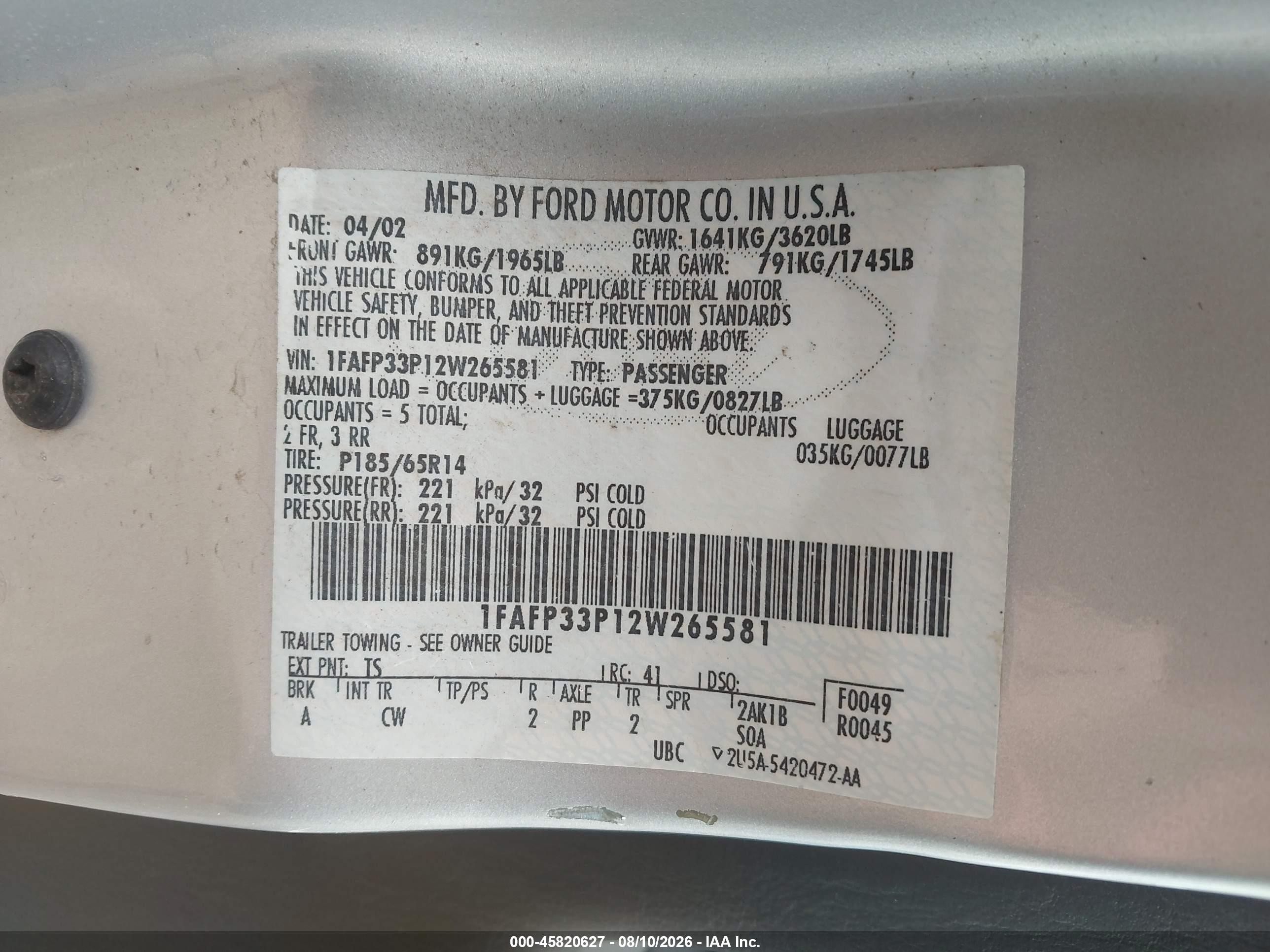 2002 Ford Focus Lx Base/lx Premium Silver vin: 1FAFP33P12W265581