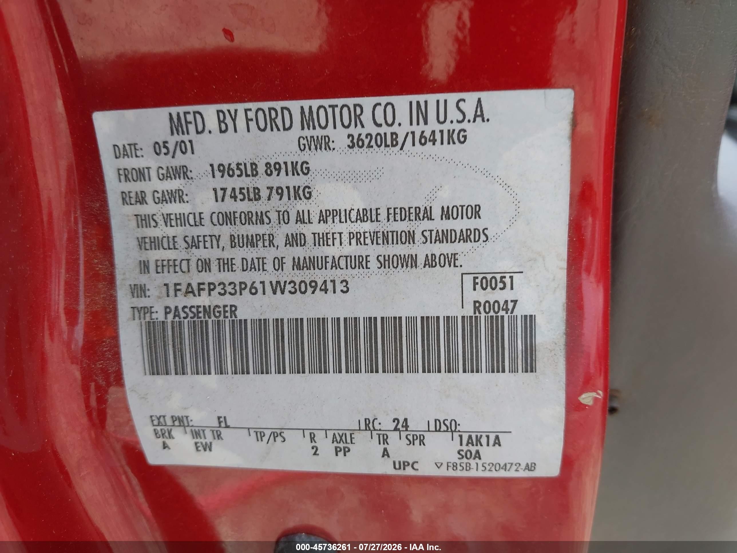 2001 Ford Focus Lx Red vin: 1FAFP33P61W309413
