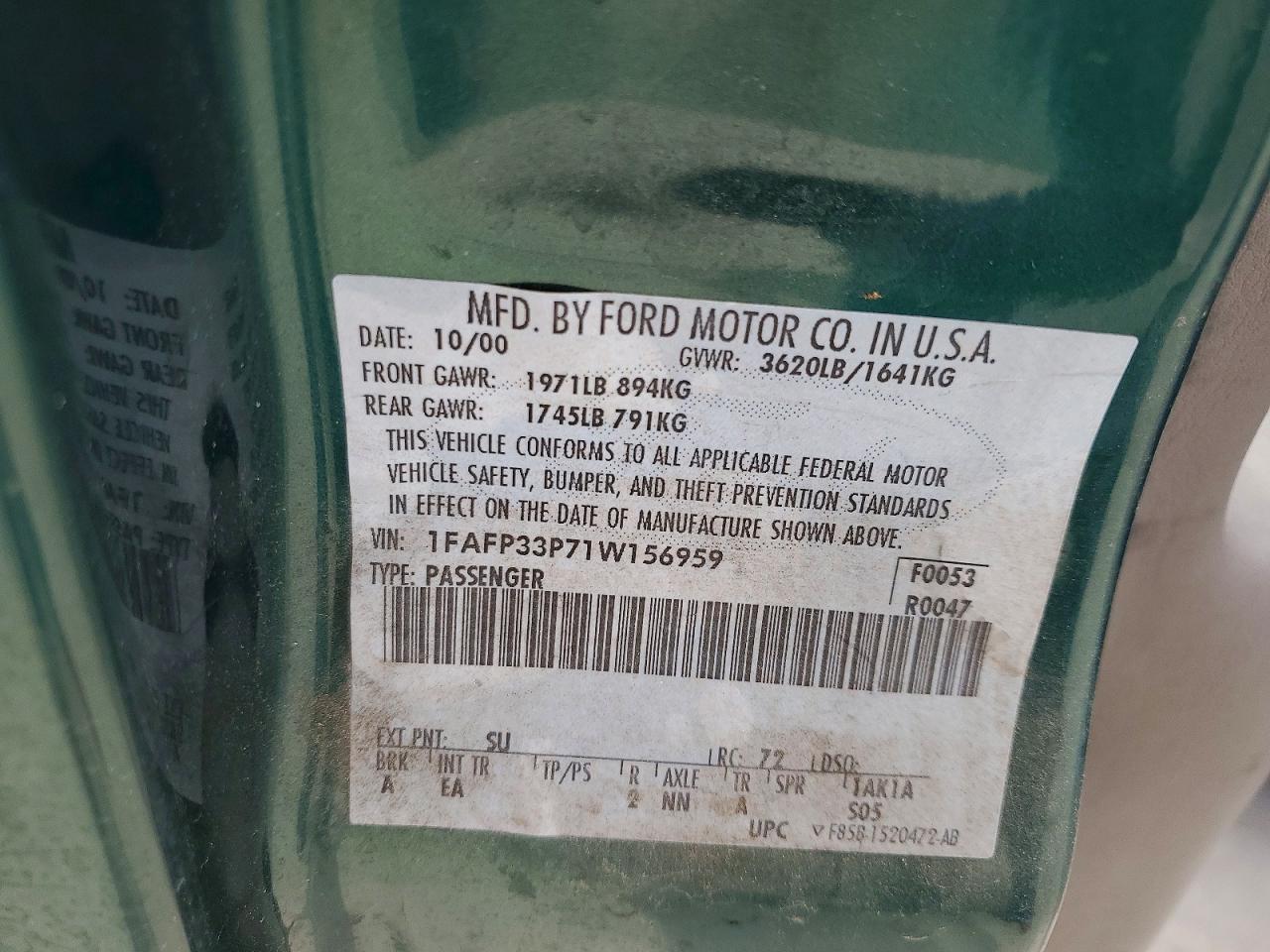 2001 Ford Focus Lx Teal vin: 1FAFP33P71W156959