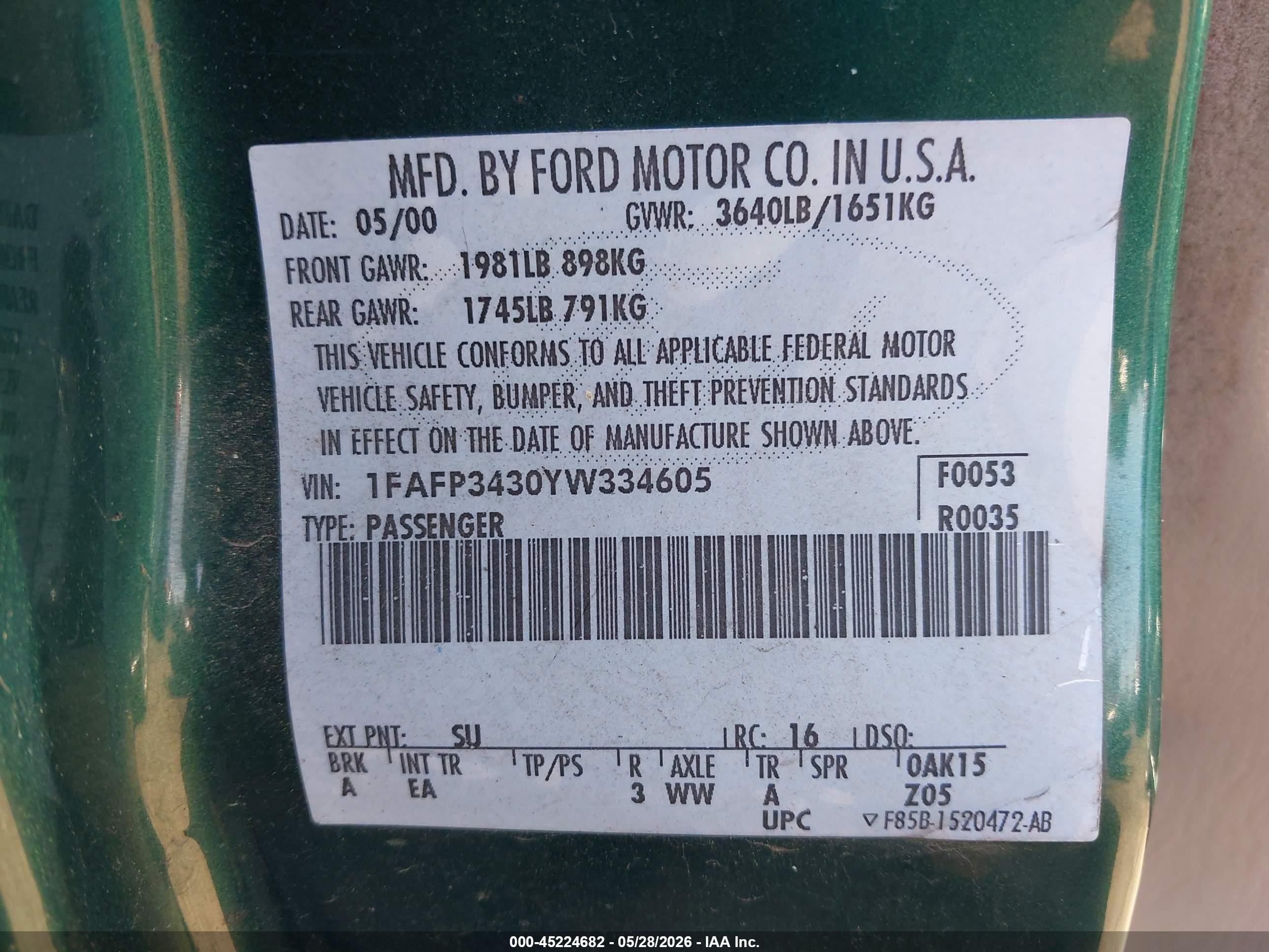 2000 Ford Focus Se Green vin: 1FAFP3430YW334605