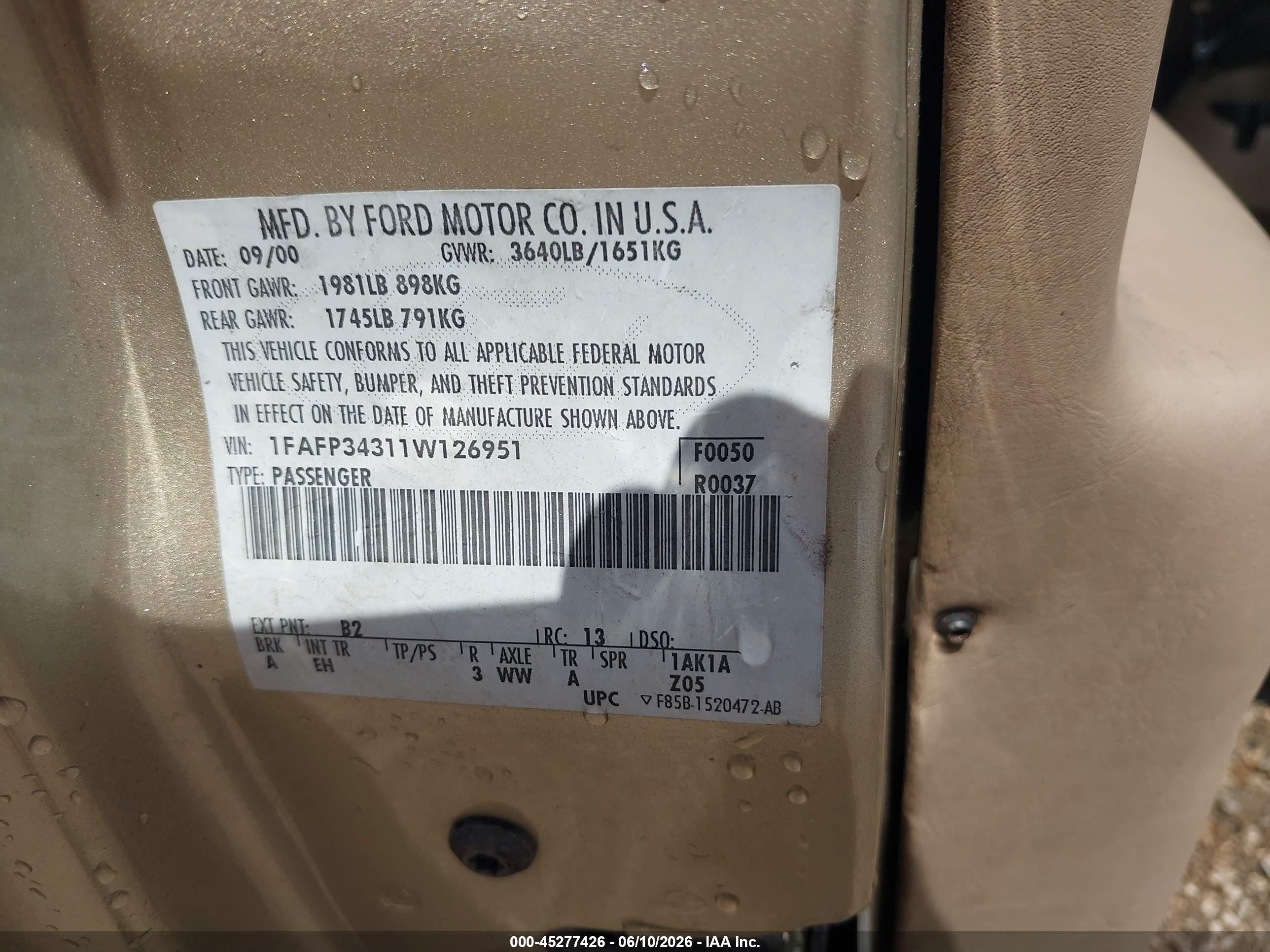 2001 Ford Focus Se Gold vin: 1FAFP34311W126951