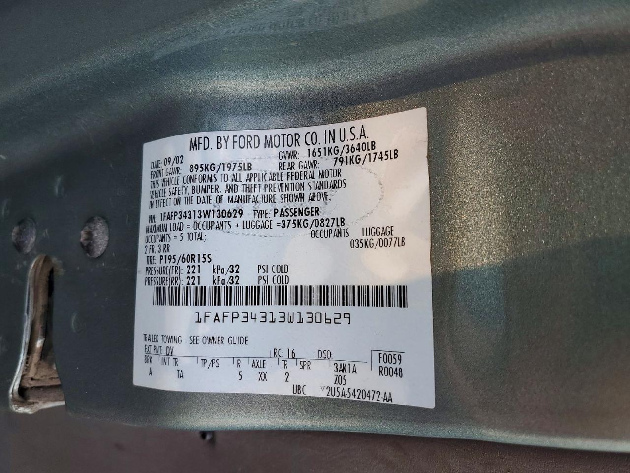 2003 Ford Focus Lx Green vin: 1FAFP34313W130629