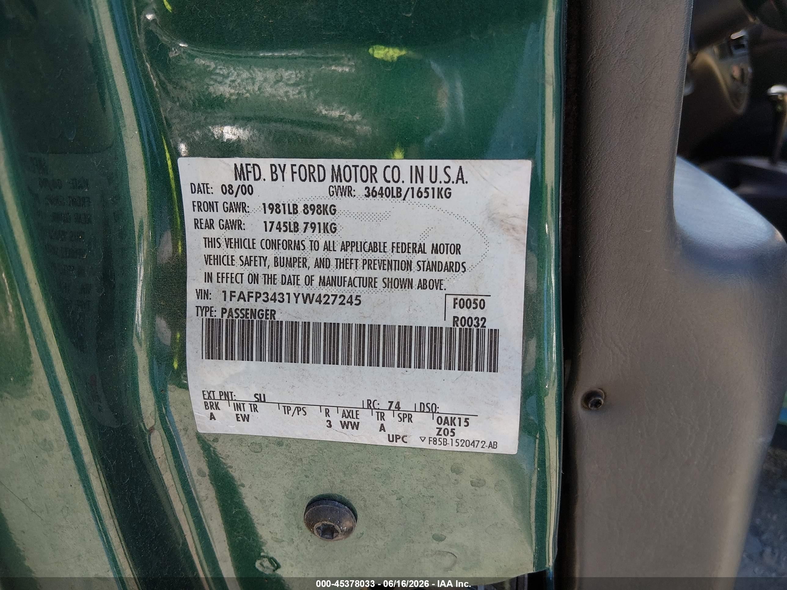 2000 Ford Focus Se Green vin: 1FAFP3431YW427245