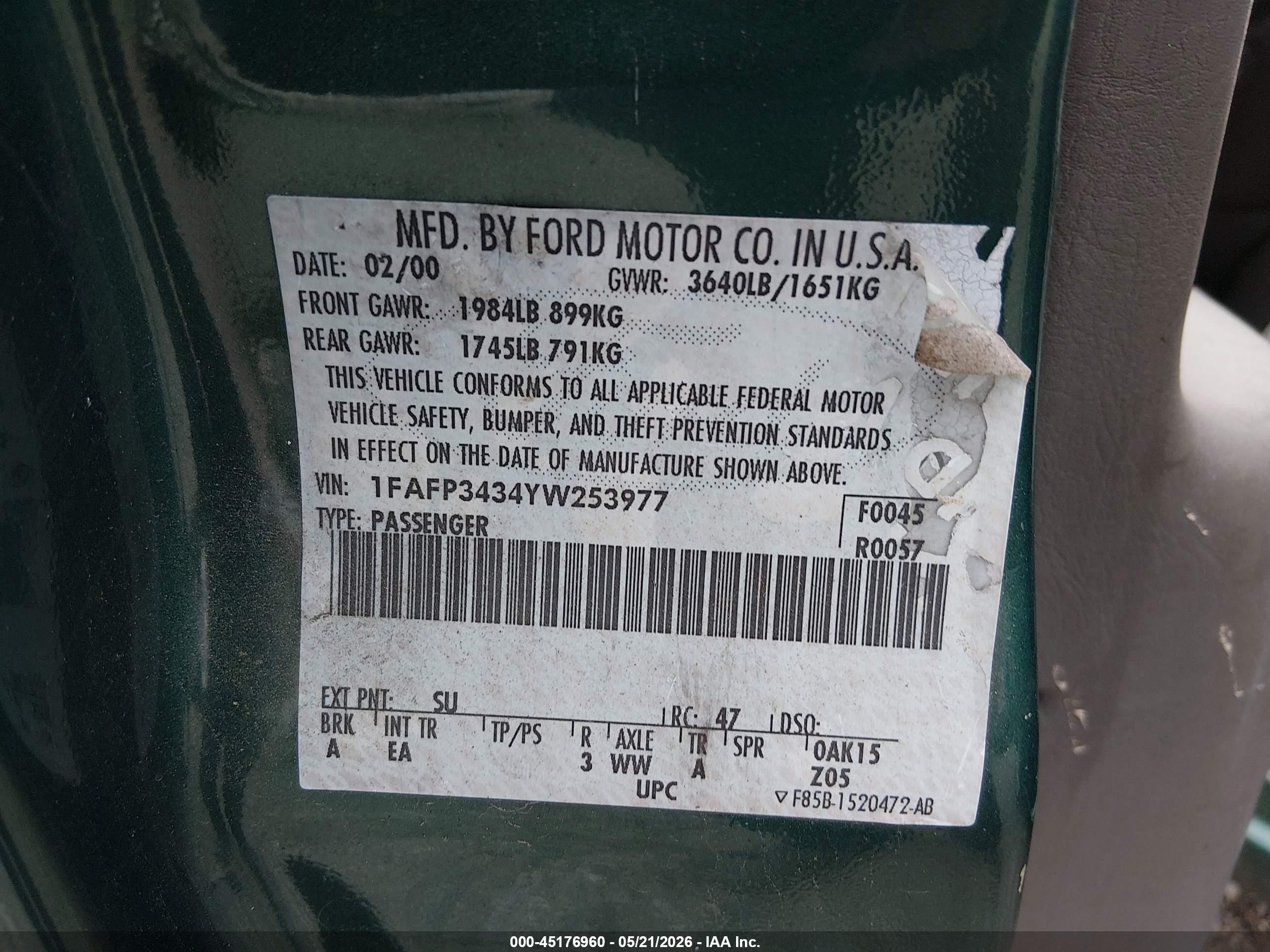 2000 Ford Focus Se Green vin: 1FAFP3434YW253977