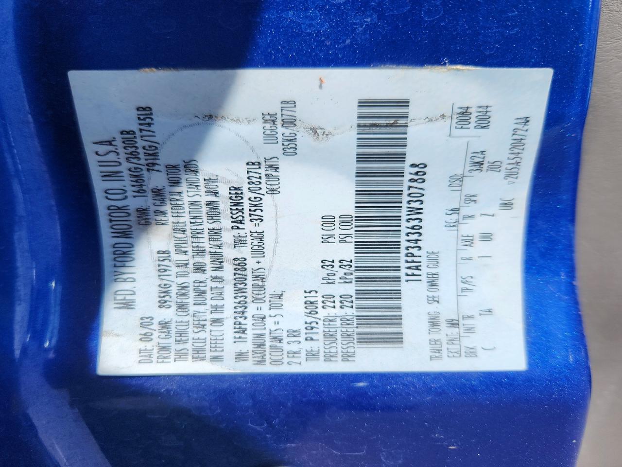 2003 Ford Focus Se Comfort Blue vin: 1FAFP34363W307868