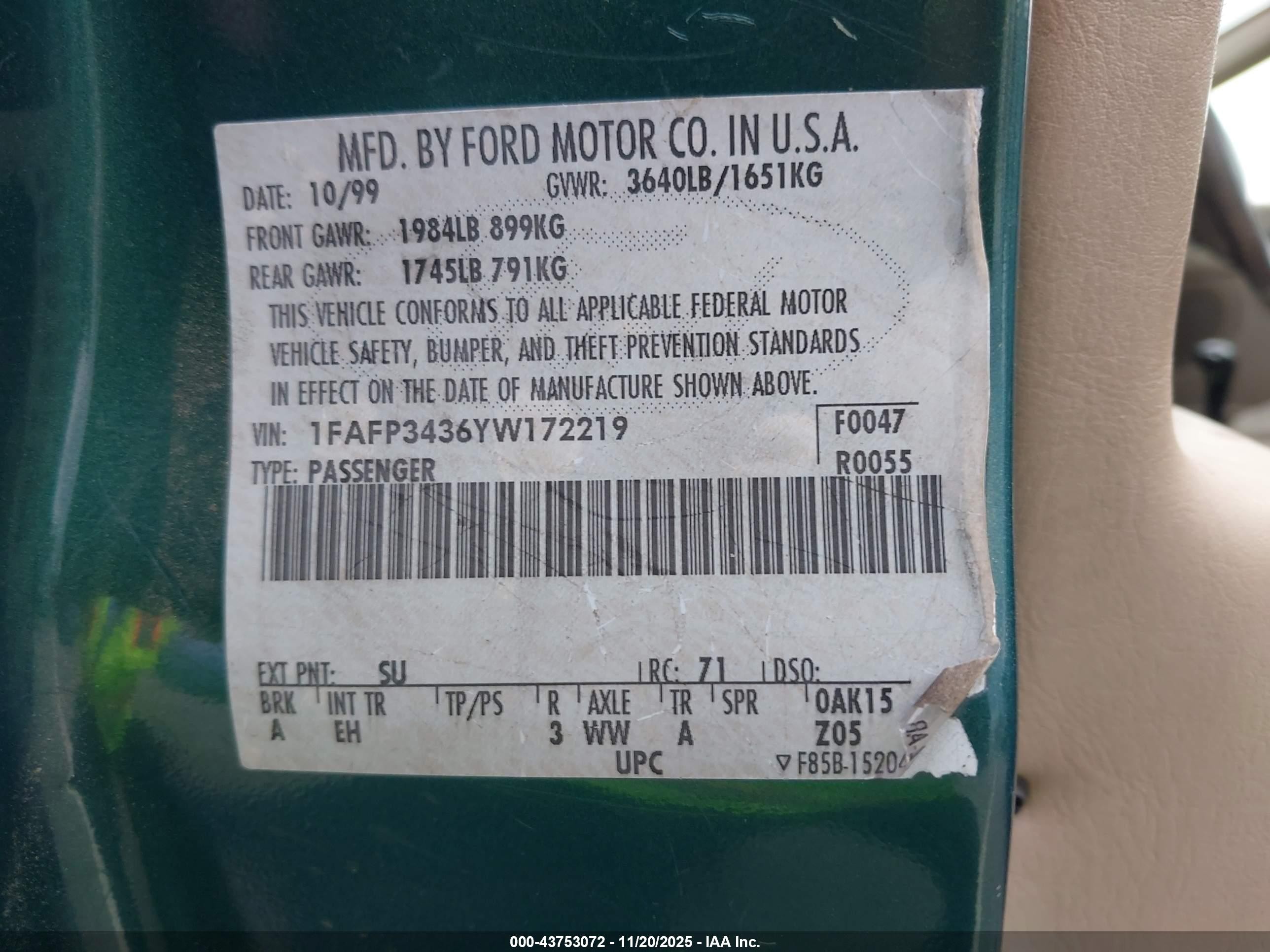 2000 Ford Focus Se Green vin: 1FAFP3436YW172219