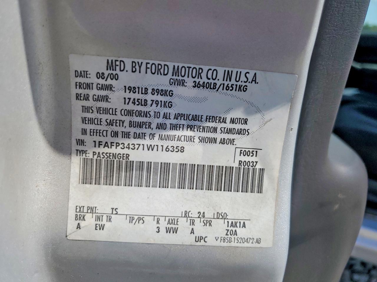 2001 Ford Focus Se Silver vin: 1FAFP34371W116358