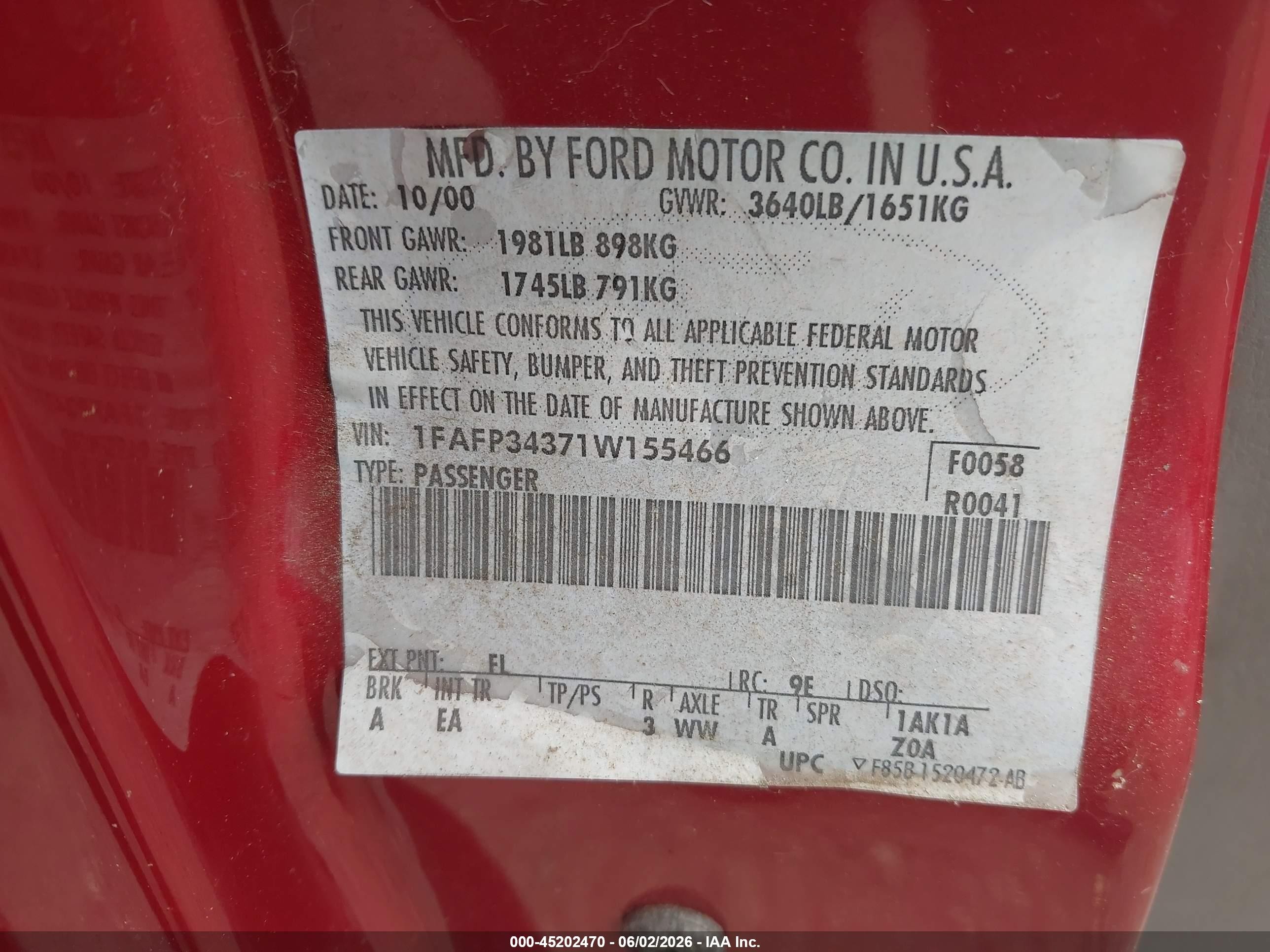 2001 Ford Focus Se Red vin: 1FAFP34371W155466