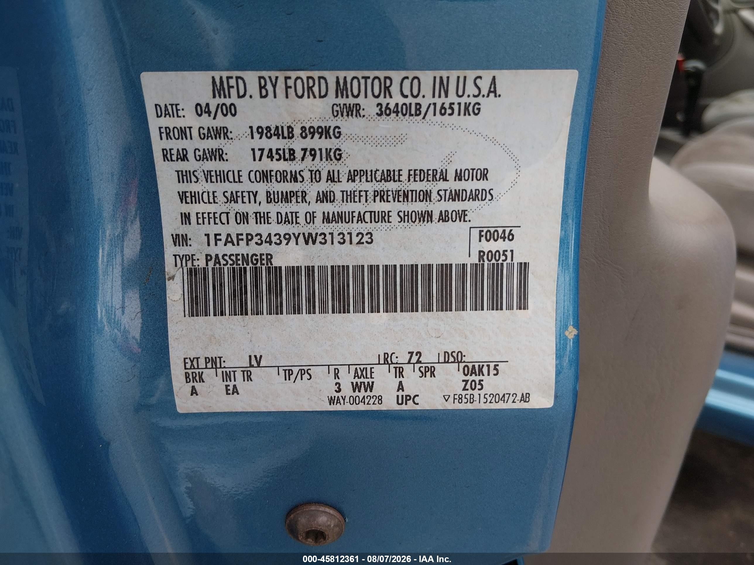 2000 Ford Focus Se Blue vin: 1FAFP3439YW313123
