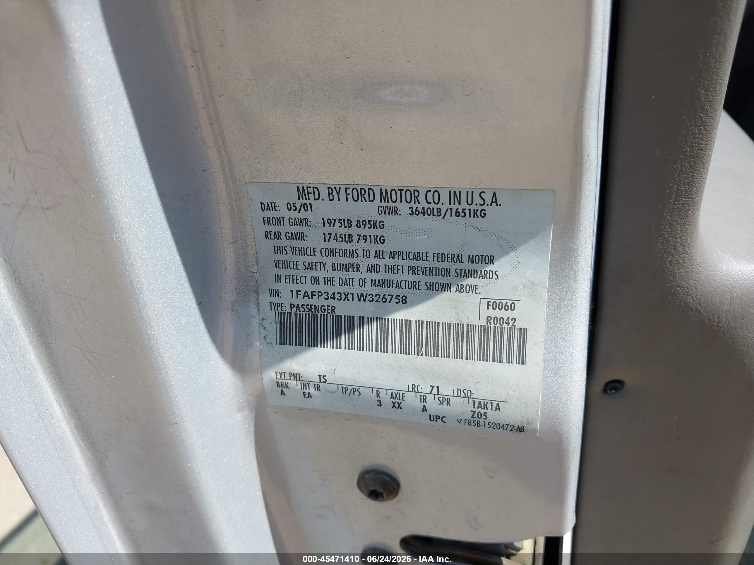 2001 Ford Focus Se Silver vin: 1FAFP343X1W326758