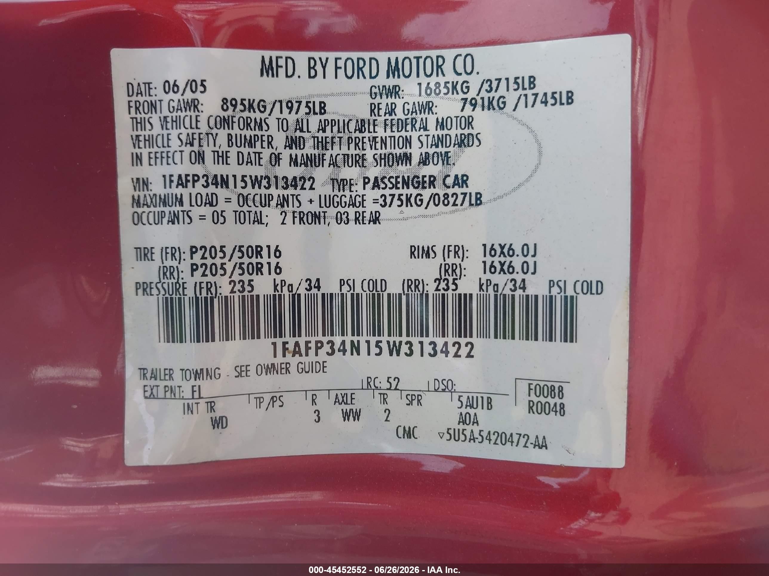 2005 Ford Focus Zx4 Burgundy vin: 1FAFP34N15W313422
