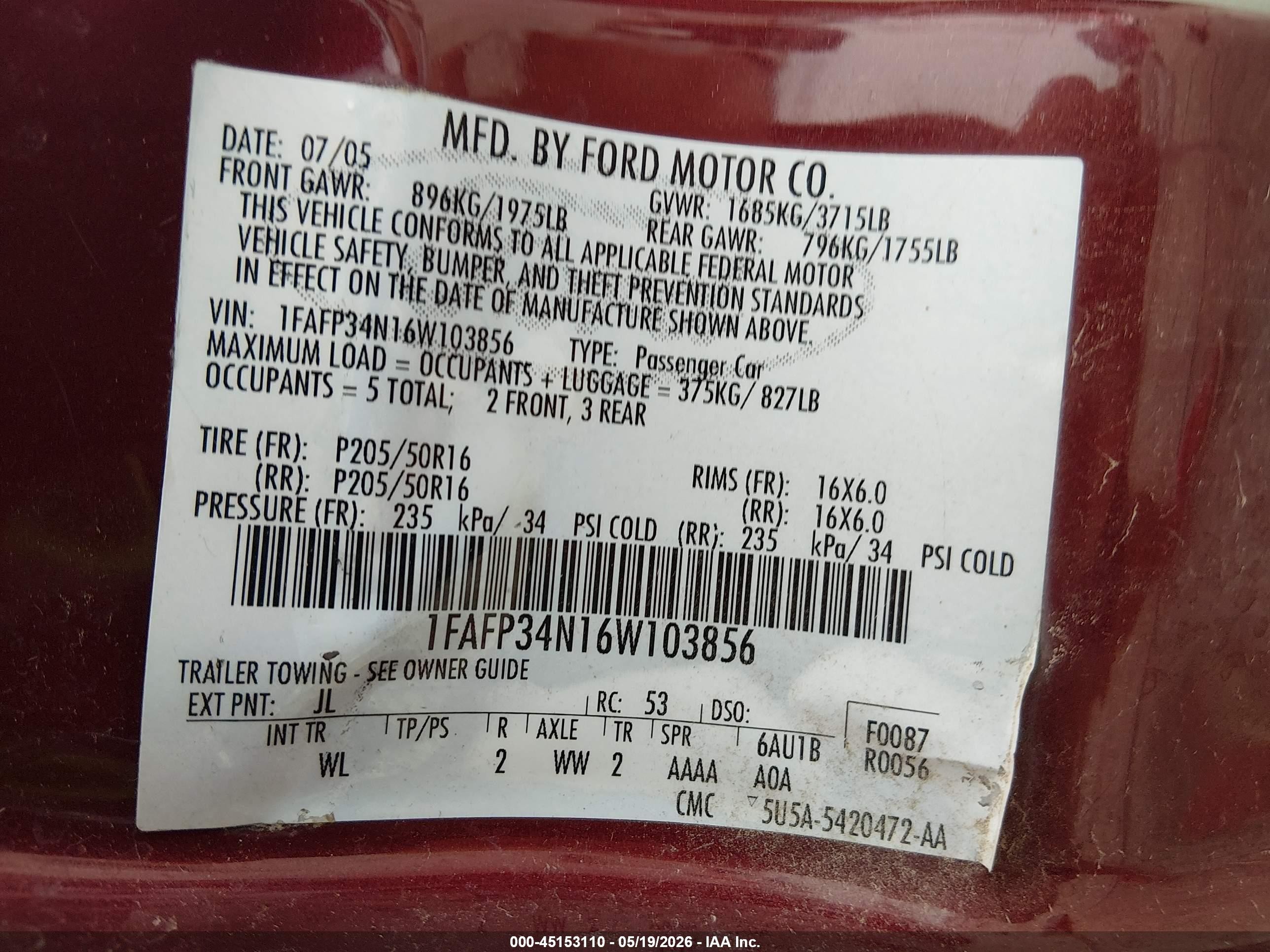 2006 Ford Focus Zx4 Burgundy vin: 1FAFP34N16W103856