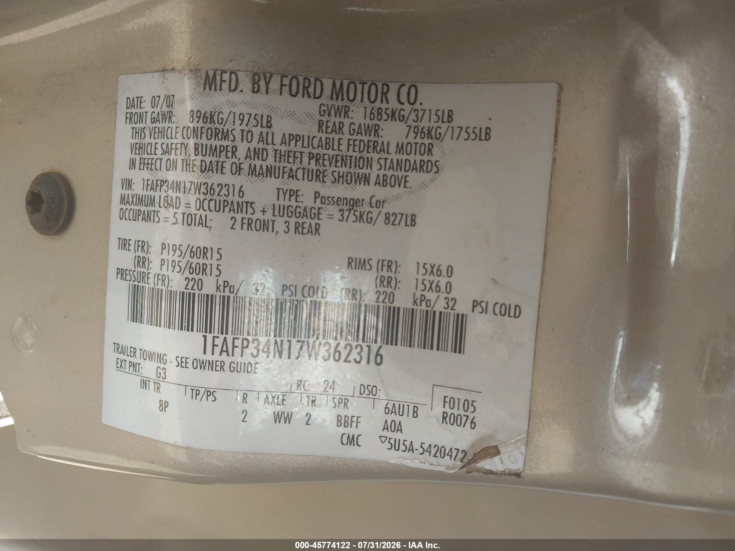 2007 Ford Focus S/se/ses Tan vin: 1FAFP34N17W362316