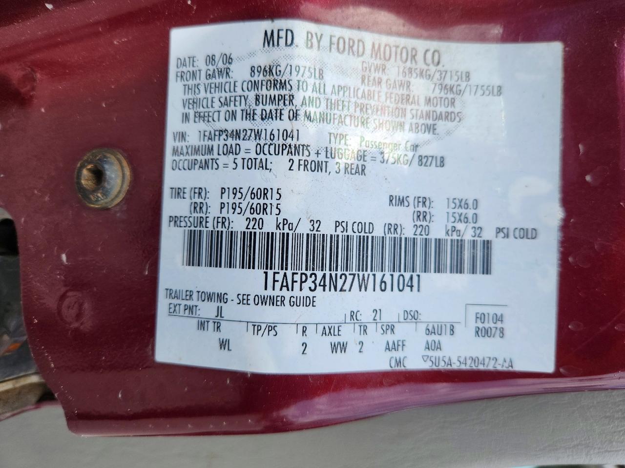 2007 Ford Focus Zx4 Burgundy vin: 1FAFP34N27W161041