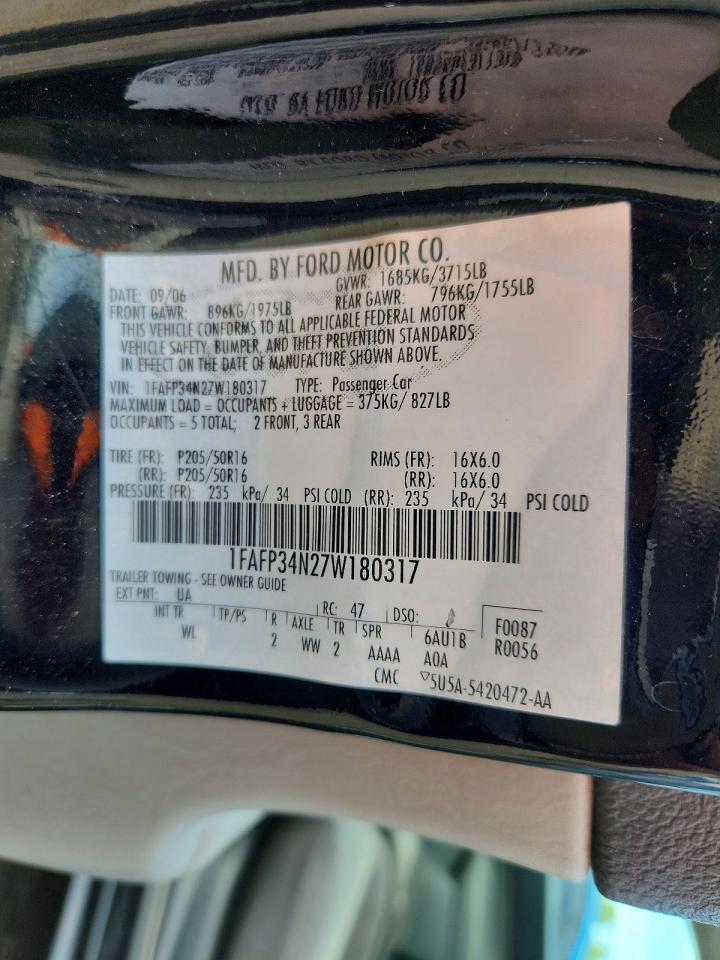 2007 Ford Focus Zx4 Black vin: 1FAFP34N27W180317