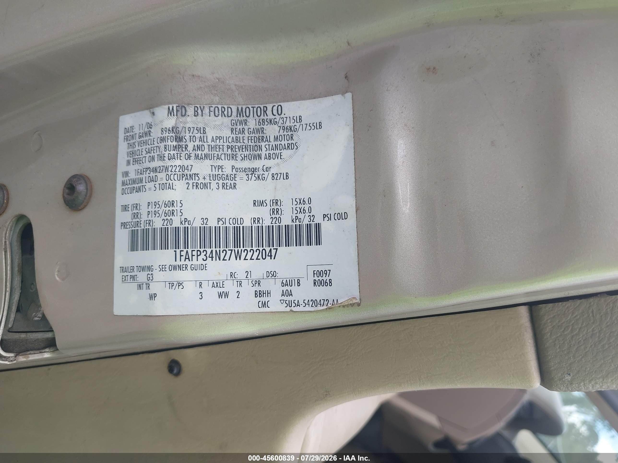 2007 Ford Focus S/se/ses Gold vin: 1FAFP34N27W222047