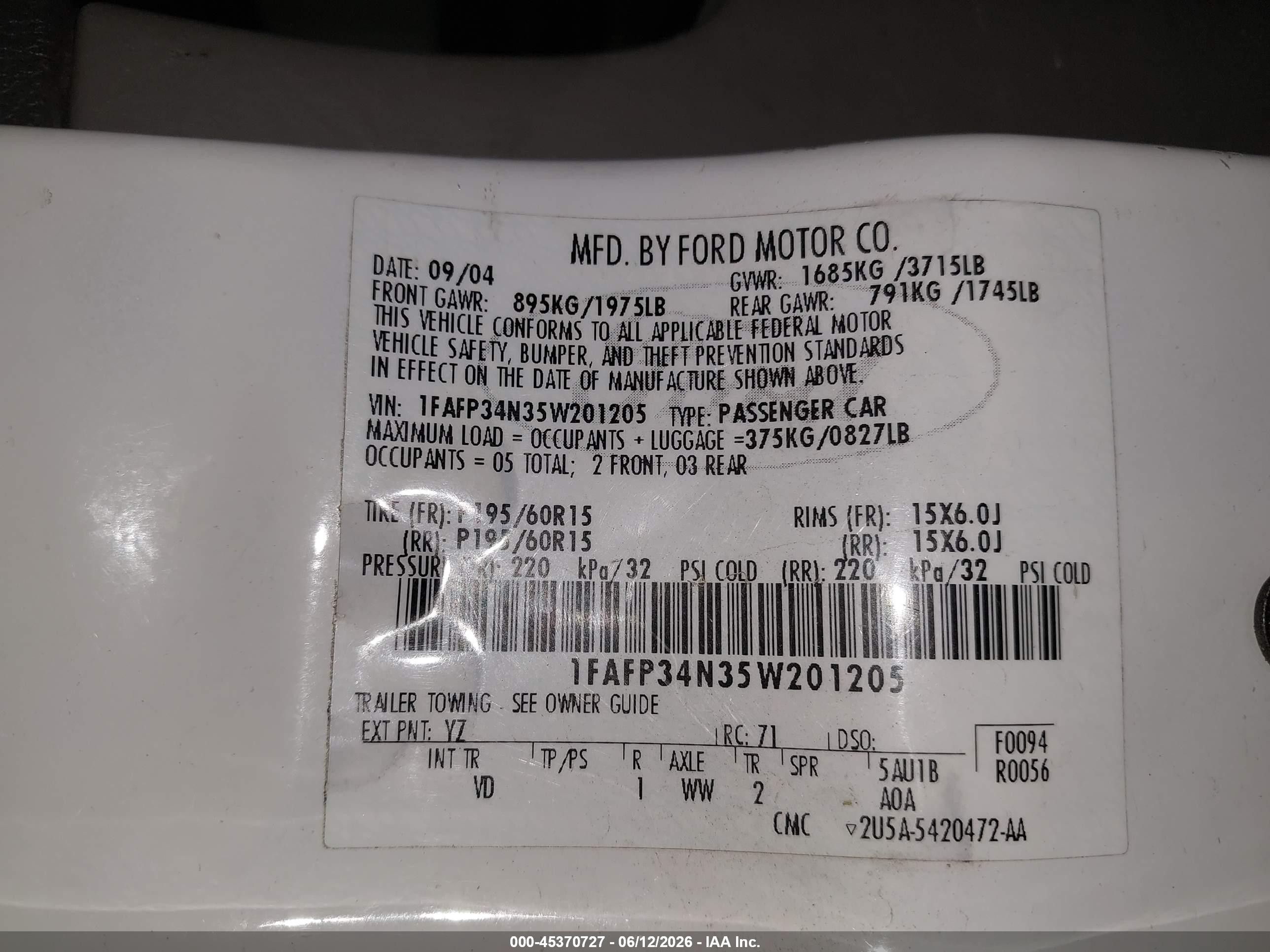 2005 Ford Focus Zx4 Белый vin: 1FAFP34N35W201205