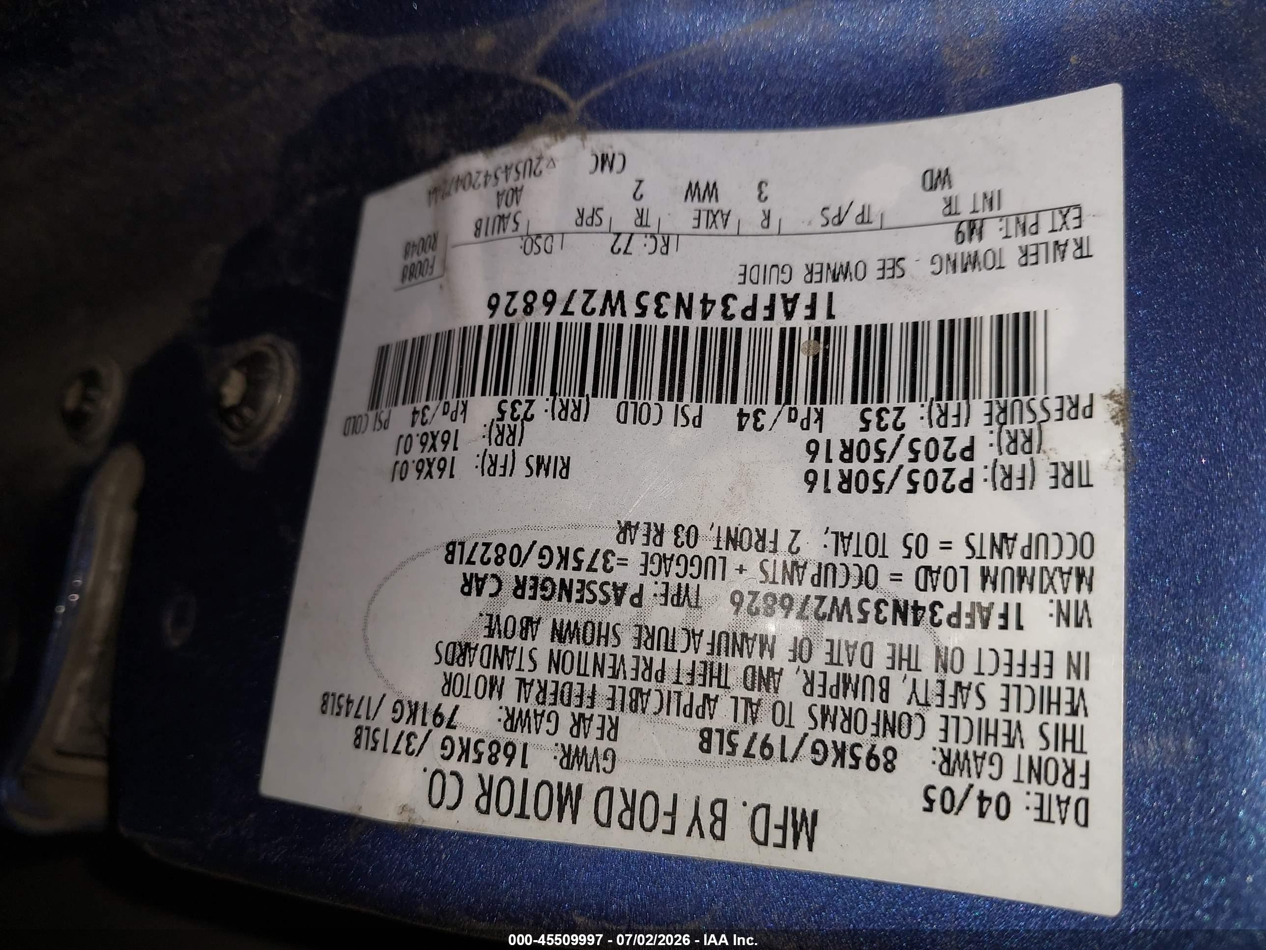2005 Ford Focus Zx4 Синий vin: 1FAFP34N35W276826