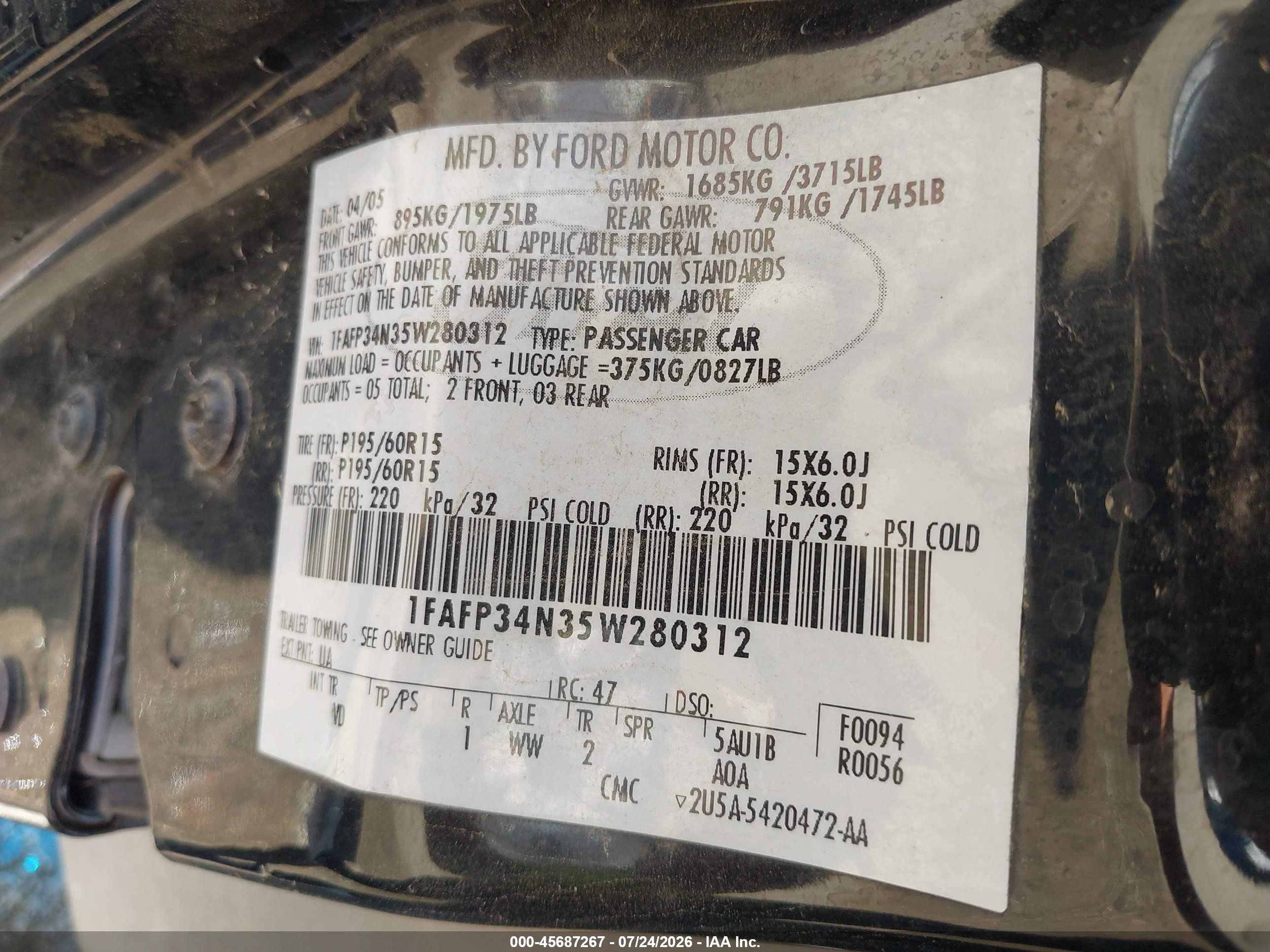 2005 Ford Focus Zx4 Black vin: 1FAFP34N35W280312