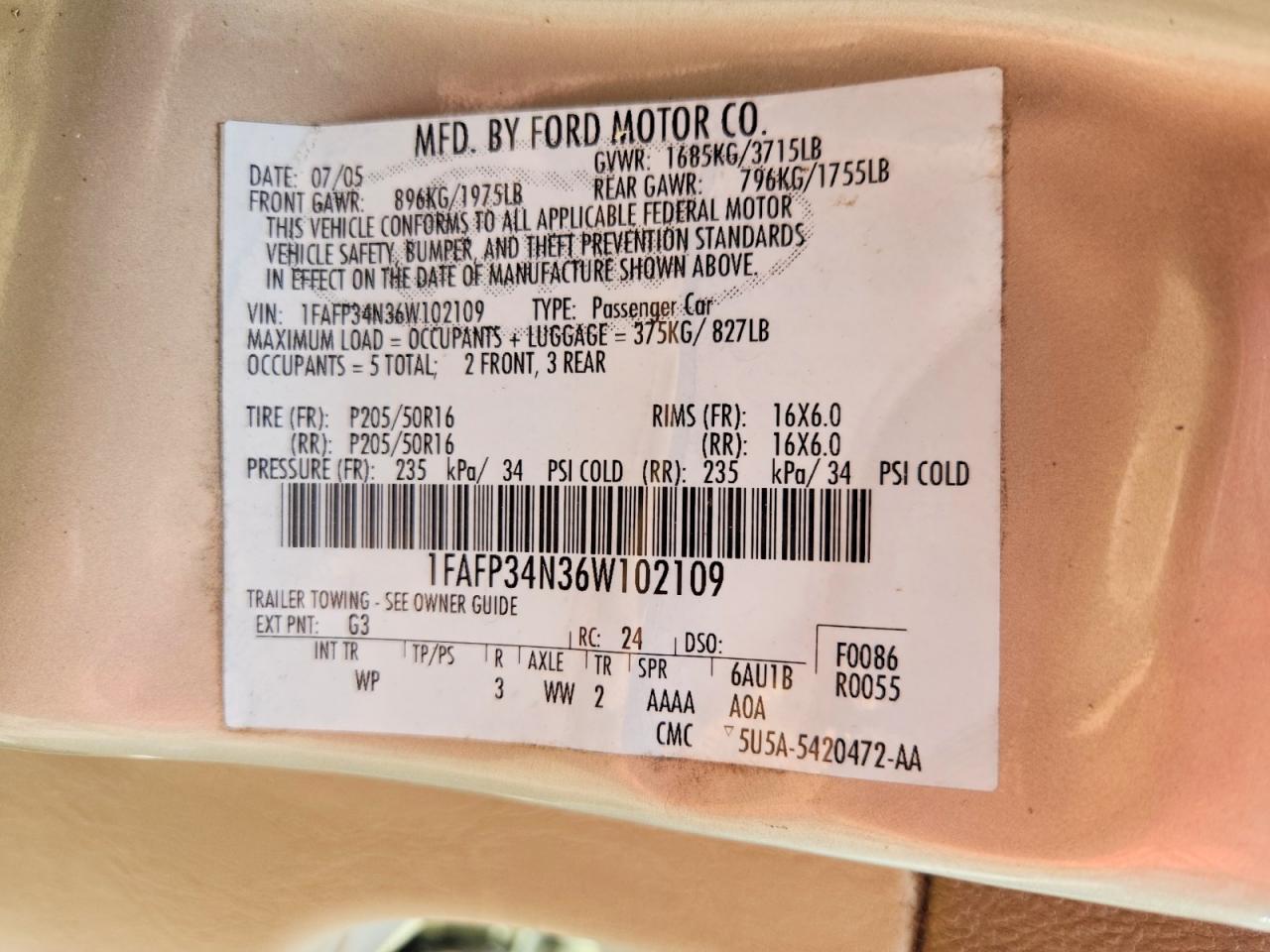2006 Ford Focus Zx4 Gold vin: 1FAFP34N36W102109
