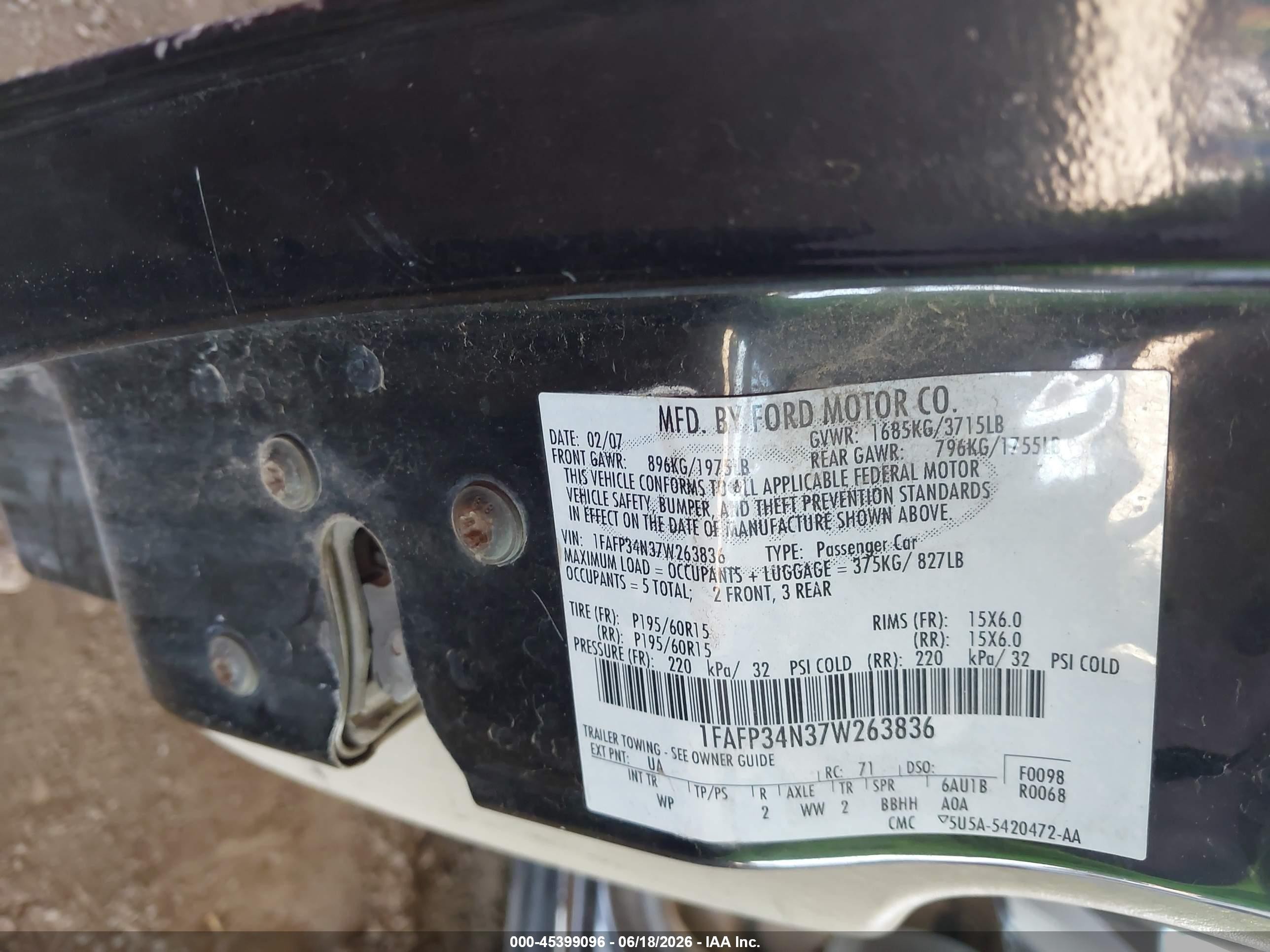 2007 Ford Focus S/se/ses Black vin: 1FAFP34N37W263836