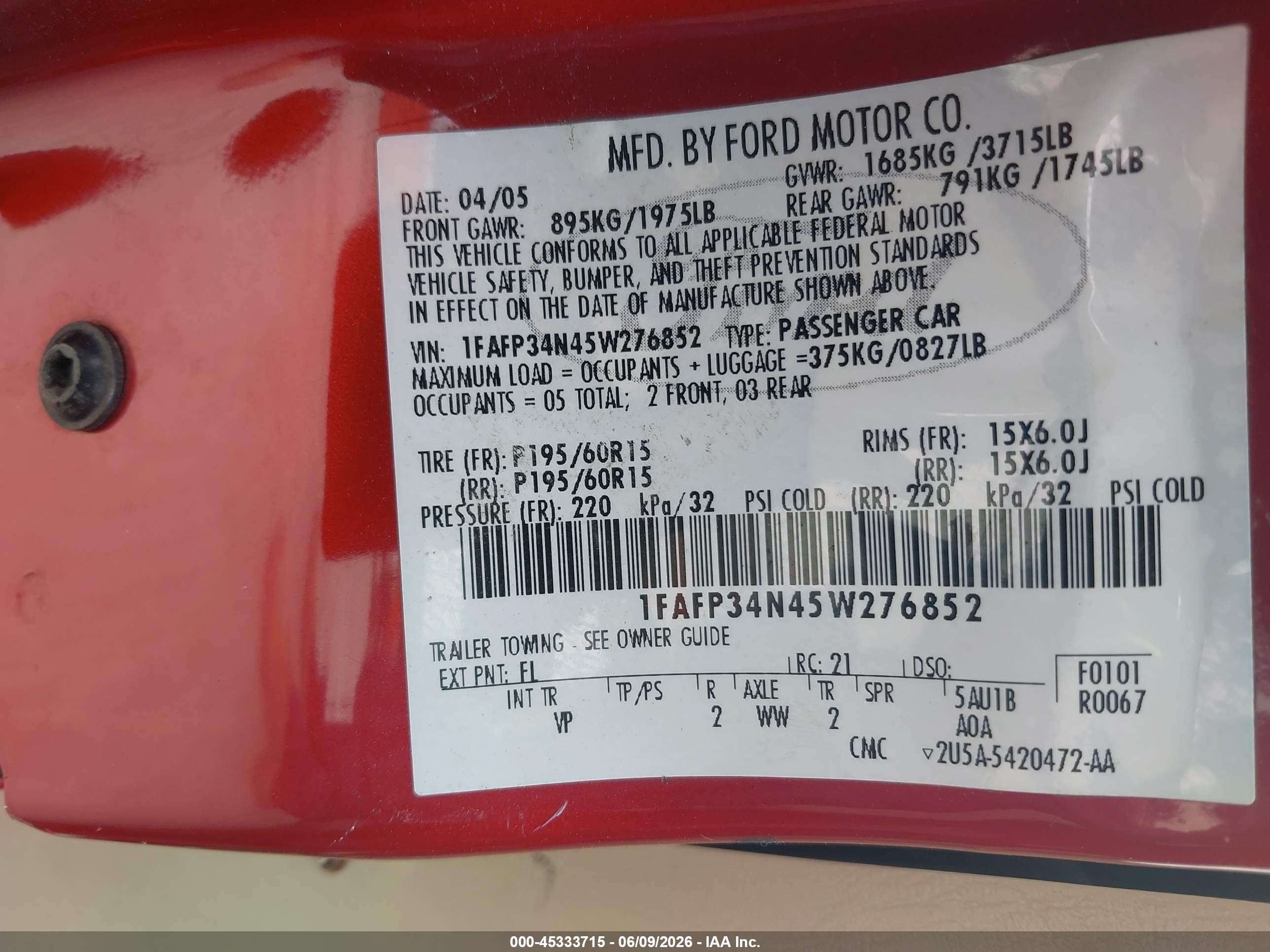 2005 Ford Focus Zx4 Красный vin: 1FAFP34N45W276852