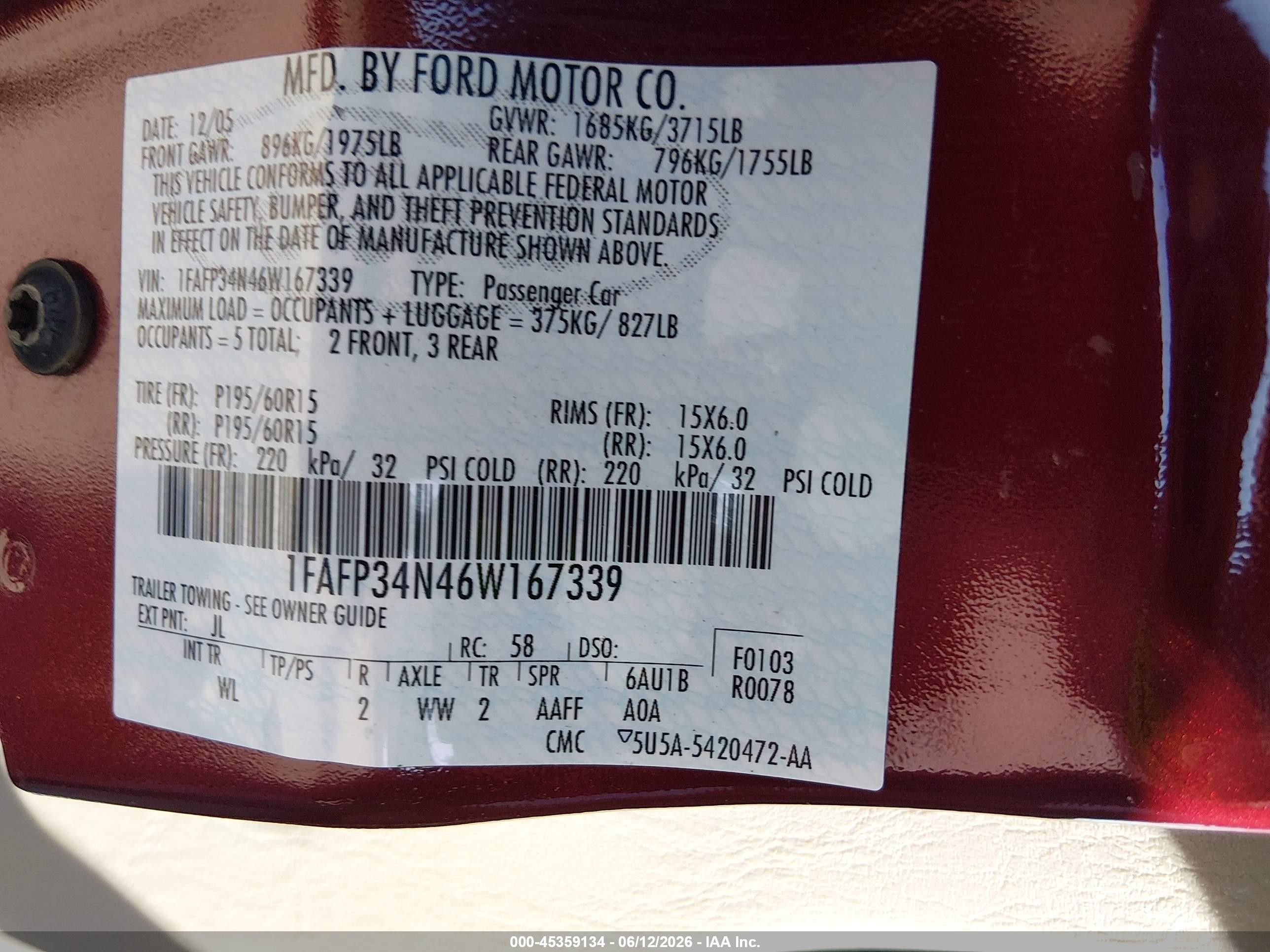 2006 Ford Focus Zx4 Maroon vin: 1FAFP34N46W167339