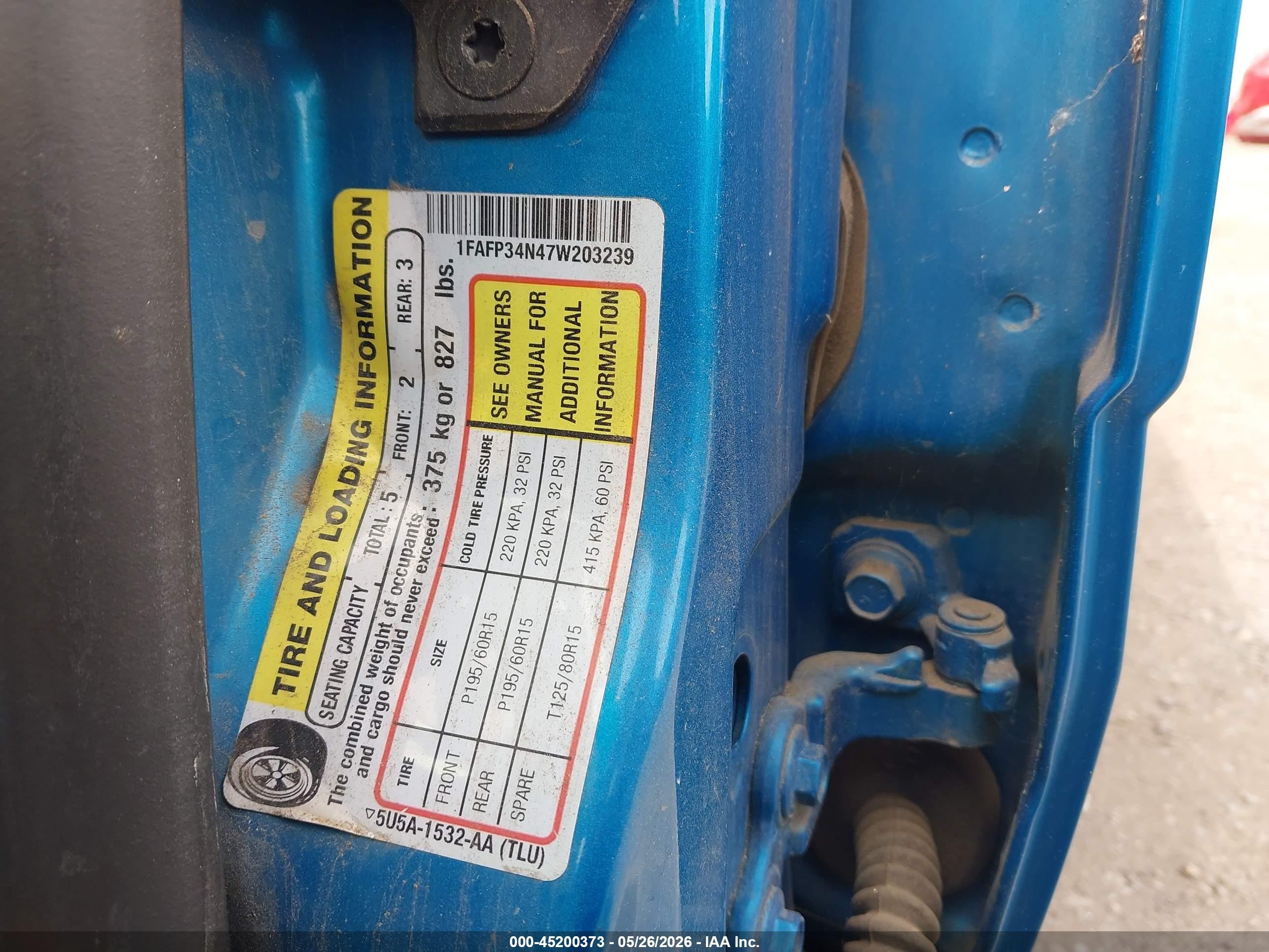 2007 Ford Focus S/se/ses Blue vin: 1FAFP34N47W203239