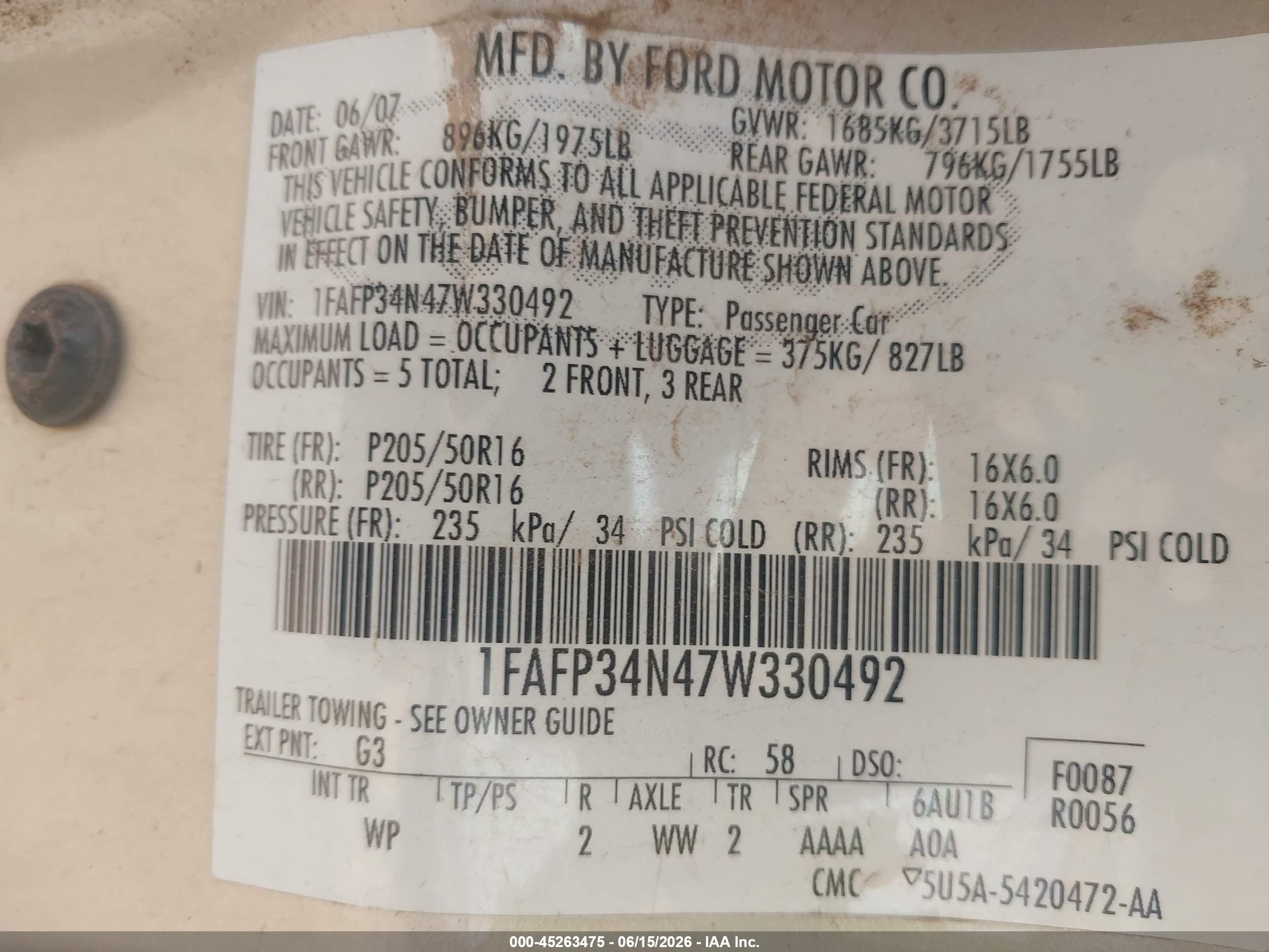 2007 Ford Focus S/se/ses Brown vin: 1FAFP34N47W330492