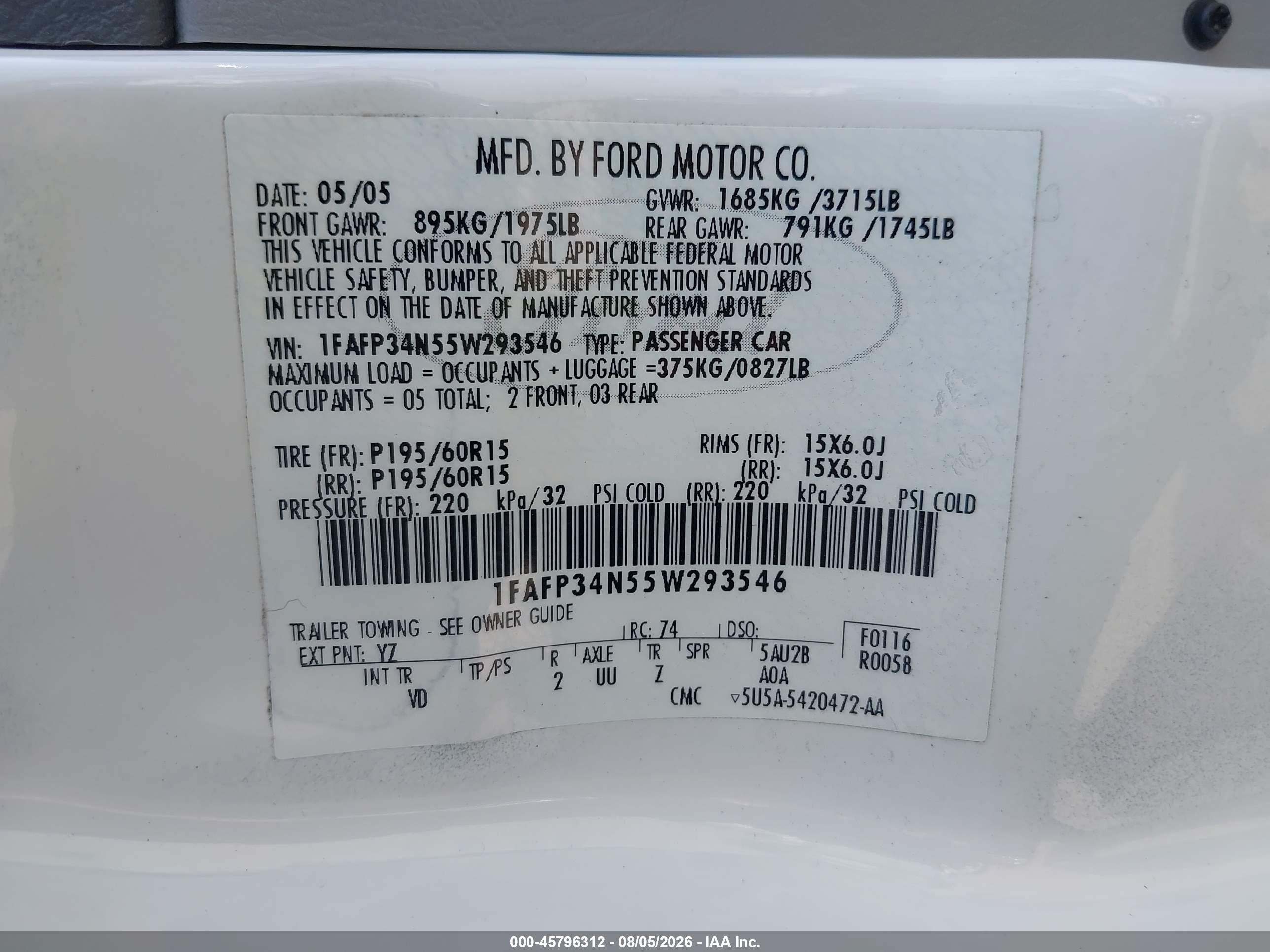 2005 Ford Focus Zx4 White vin: 1FAFP34N55W293546