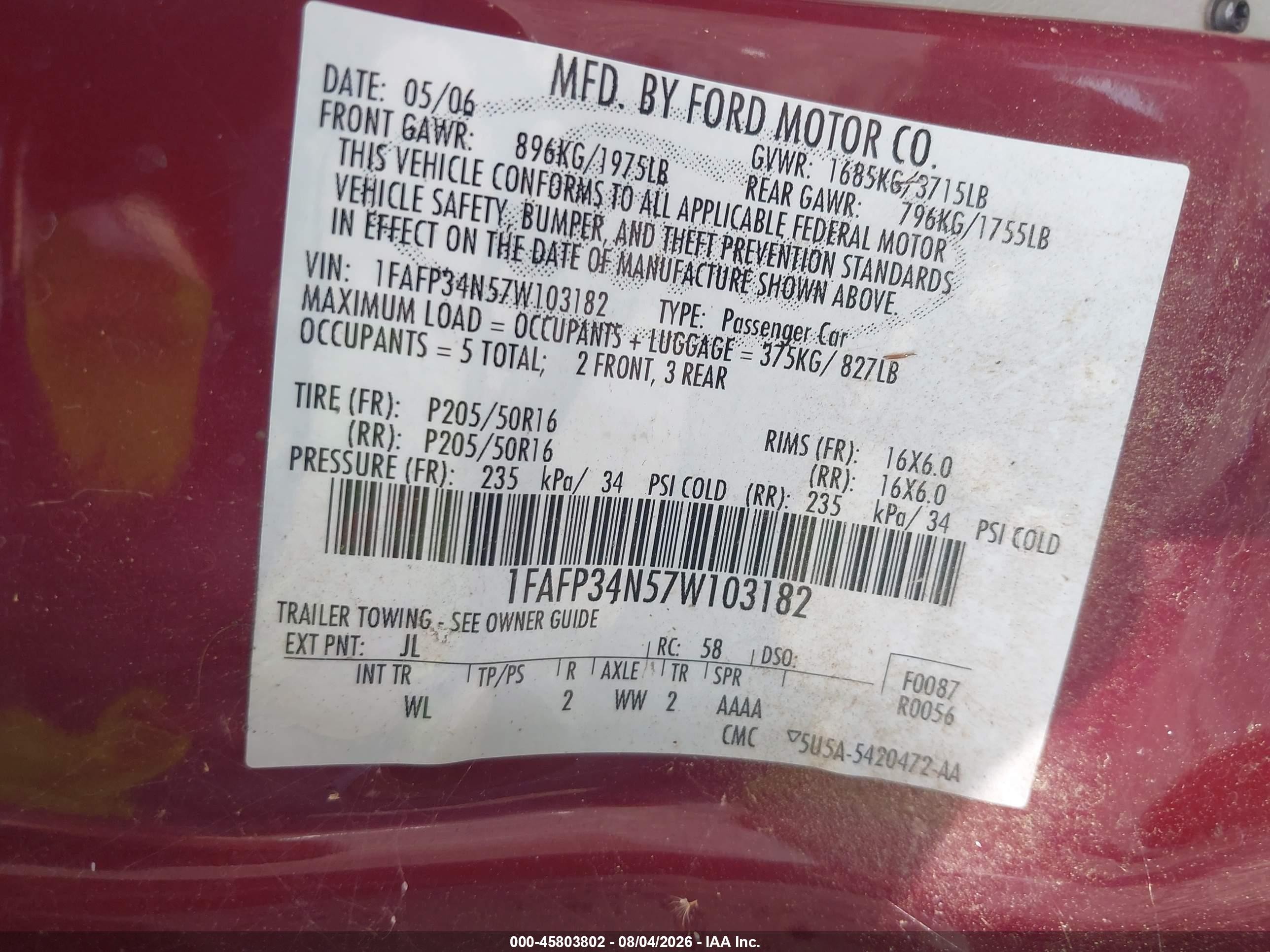 2007 Ford Focus S/se/ses Burgundy vin: 1FAFP34N57W103182