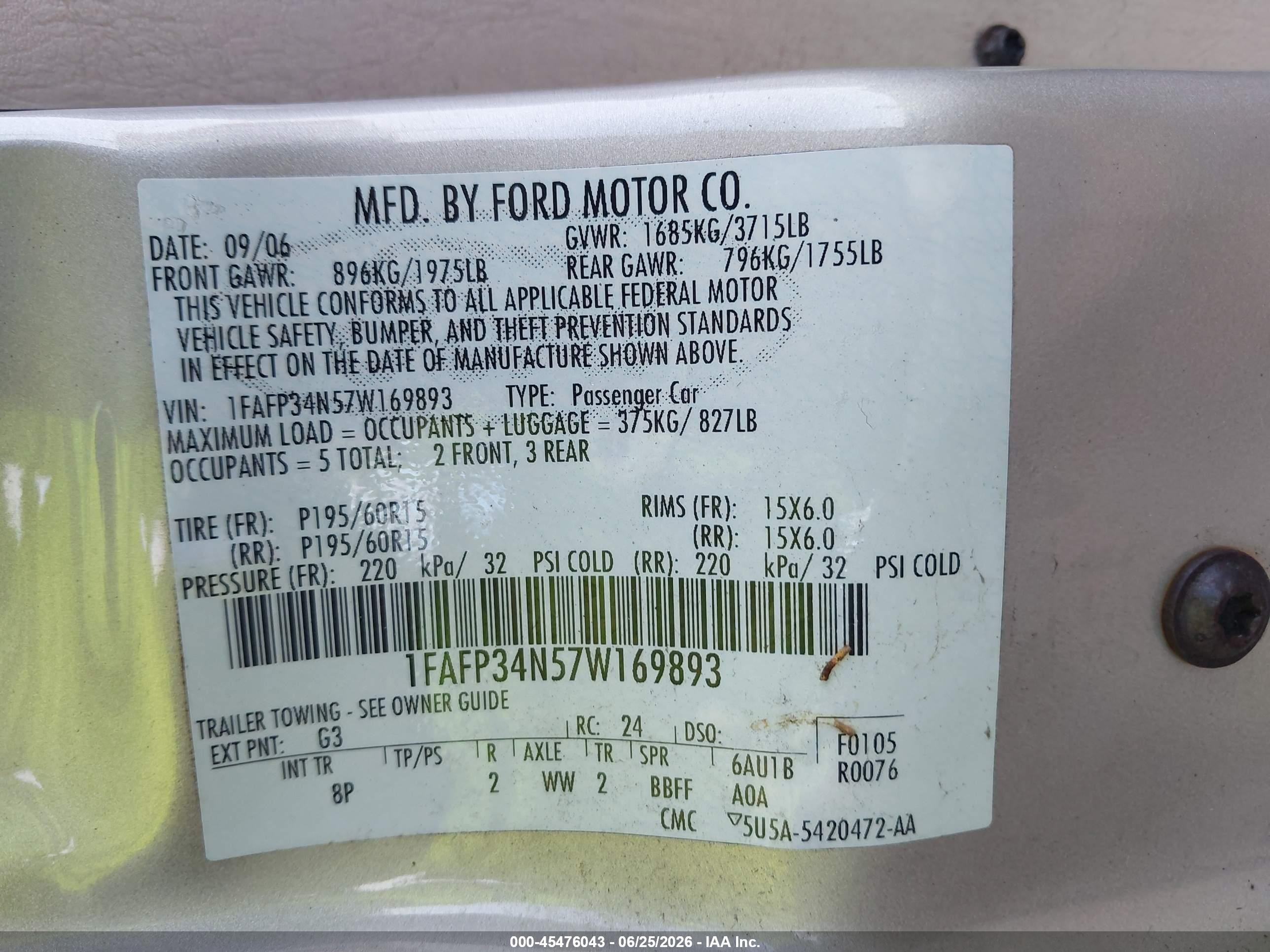 2007 Ford Focus S/se/ses Cream vin: 1FAFP34N57W169893